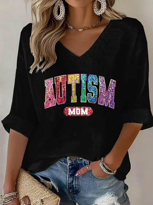 Autism Mom V-Neck Long Sleeve Shirt Rainbow Glitter Autism Support Gift For Proud Autism Moms - Tradiviet - Image 2