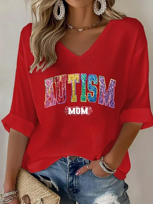Autism Mom V-Neck Long Sleeve Shirt Rainbow Glitter Autism Support Gift For Proud Autism Moms - Tradiviet - Image 4