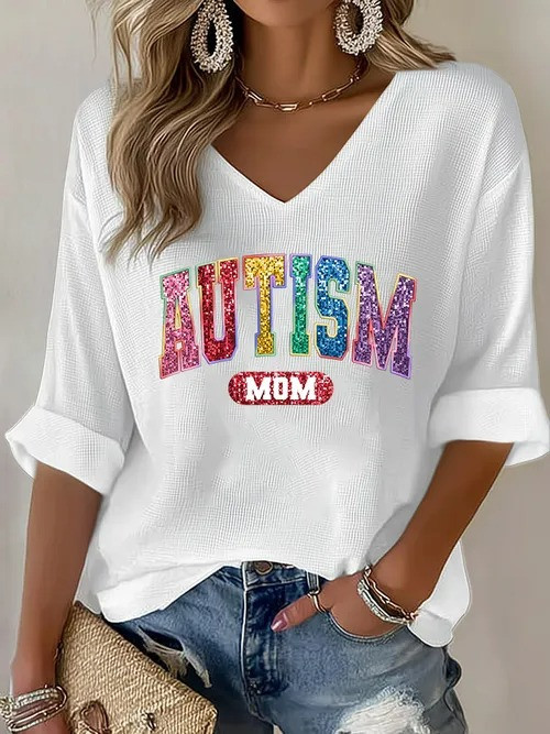 Autism Mom V-Neck Long Sleeve Shirt Rainbow Glitter Autism Support Gift For Proud Autism Moms - Tradiviet - Image 3