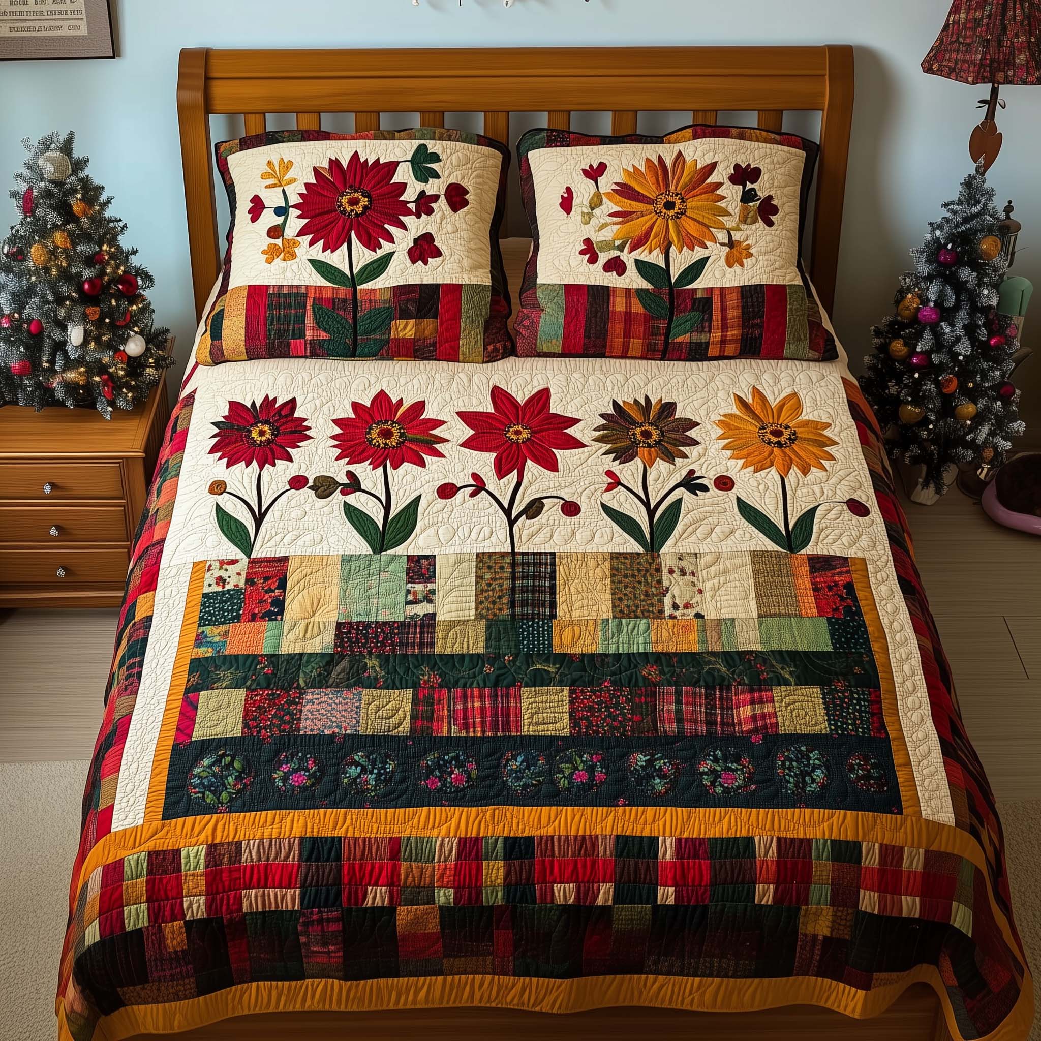 Autumn Blooms Quilted Bedding Set Bedroom Decorations Warm Autumn Gift For Loved Ones - Tradiviet