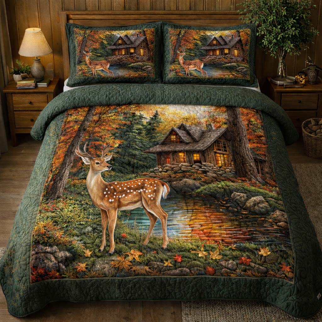 Autumn Cabin Deer Quilted Bedding Set Holiday Home Decor White Cabin Gift For Him - Tradiviet