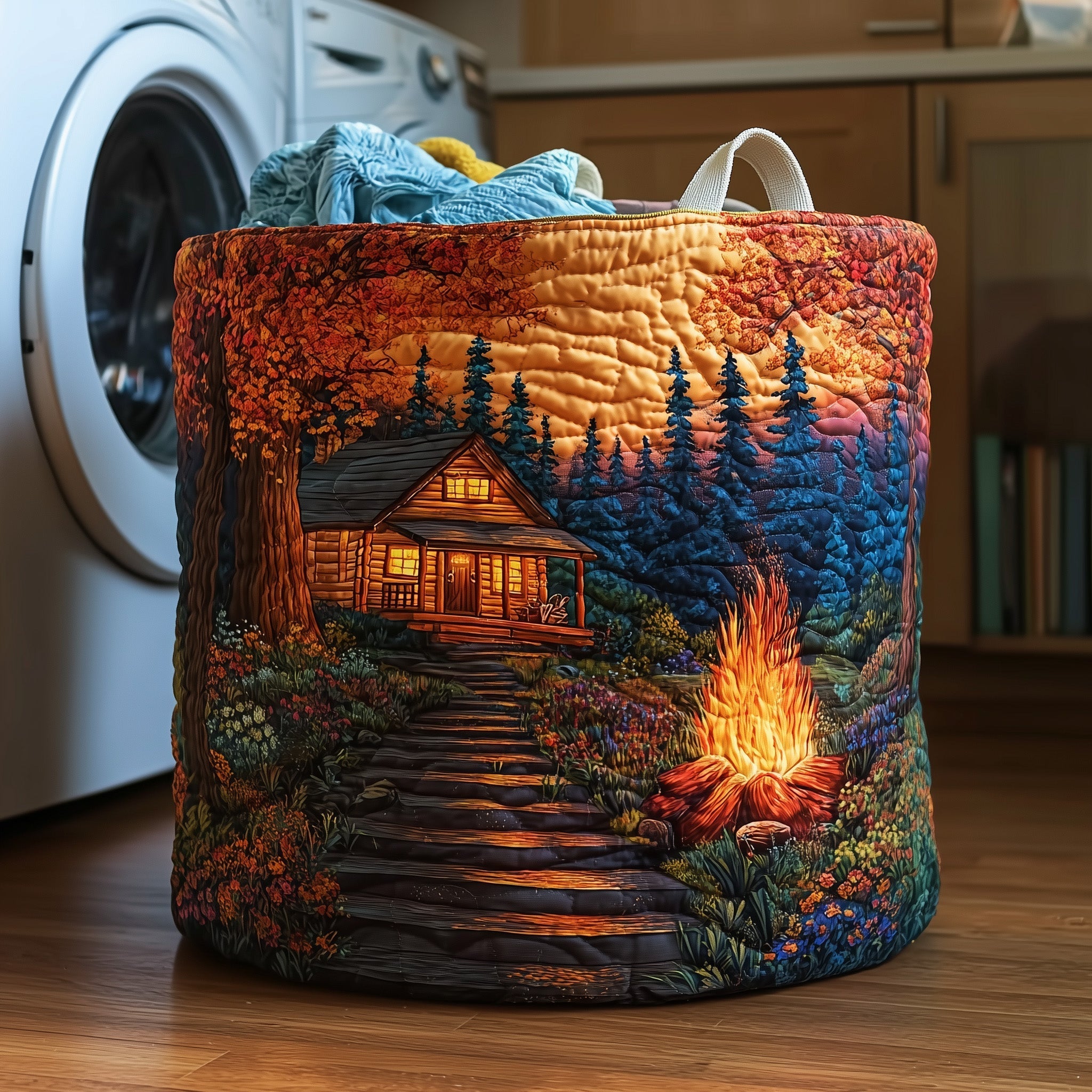 Autumn Cabin Glow Quilted Laundry Basket Cool Laundry Hamper Gifts For Mother In Law - Tradiviet