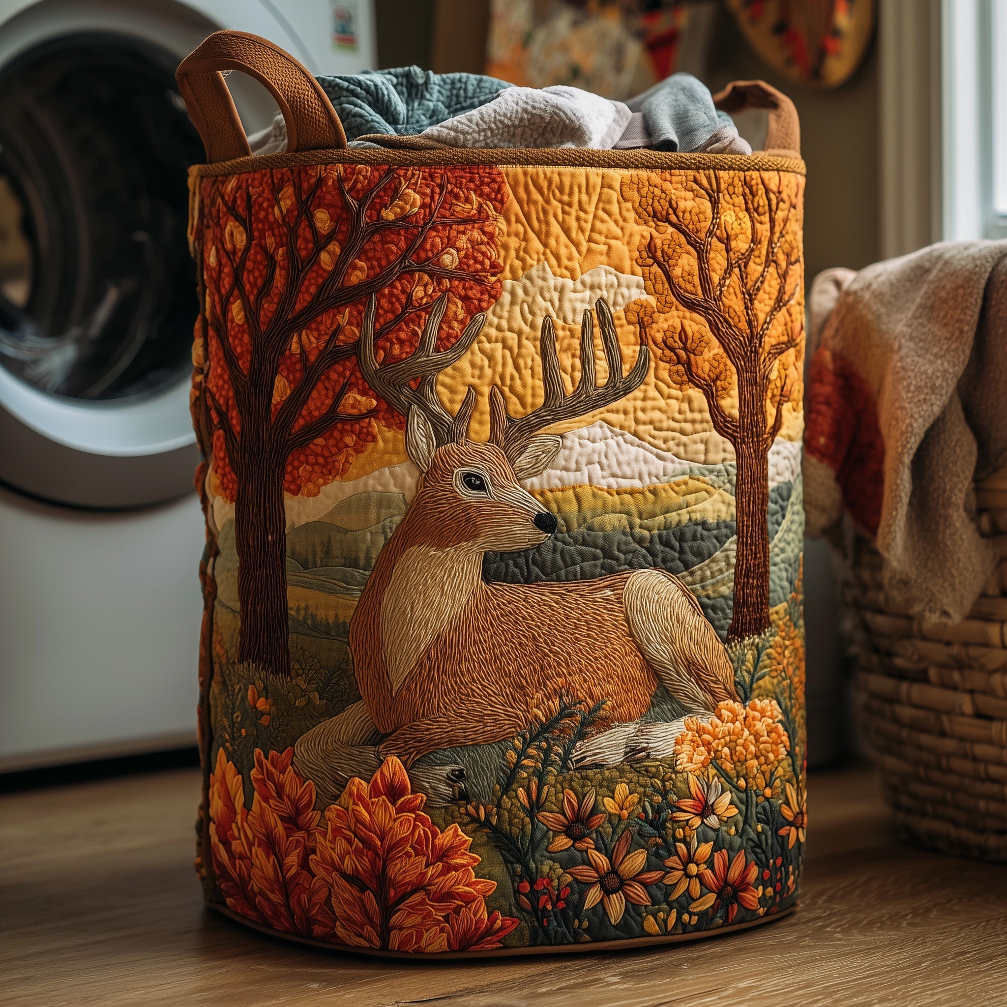 Autumn Deer Quilted Laundry Basket Best Laundry Hamper Father's Day Gifts - Tradiviet