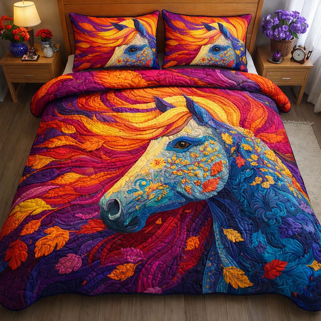 Autumn Flame Mustang Quilted Bedding Set Holiday Decorations Best Gift For Fall Decor Lovers - Tradiviet