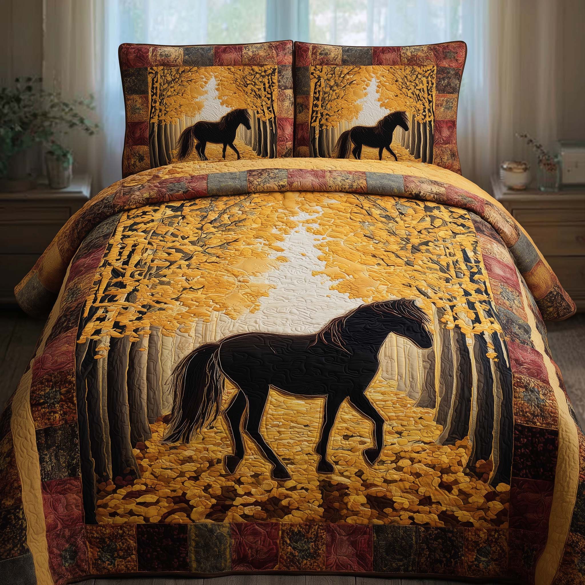 Autumn Forest Horse Quilted Bedding Set Holiday Decorations Gifts For Horse Back Riders - Tradiviet