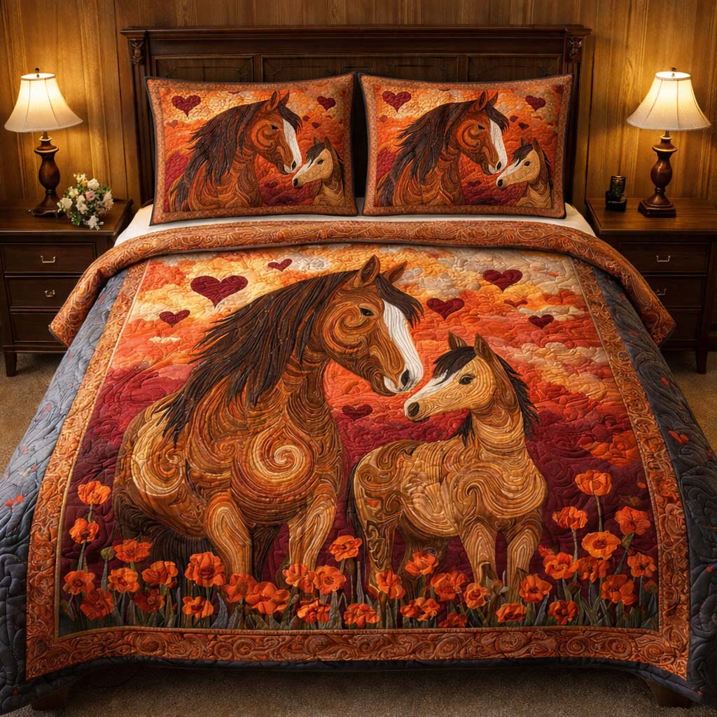 Autumn Heart Horses Quilted Bedding Set Room Decoration Items Gifts For Horse Enthusiasts - Tradiviet