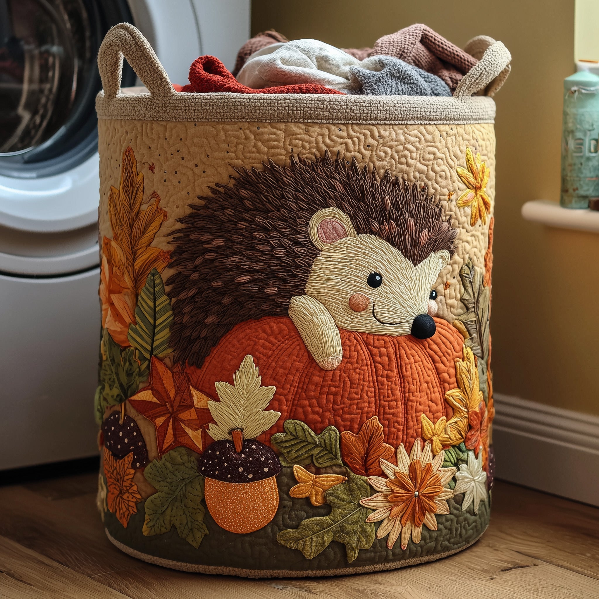Autumn Hedgehog Quilted Laundry Basket Aesthetic Storage Baskets Mothers Day Ideas - Tradiviet