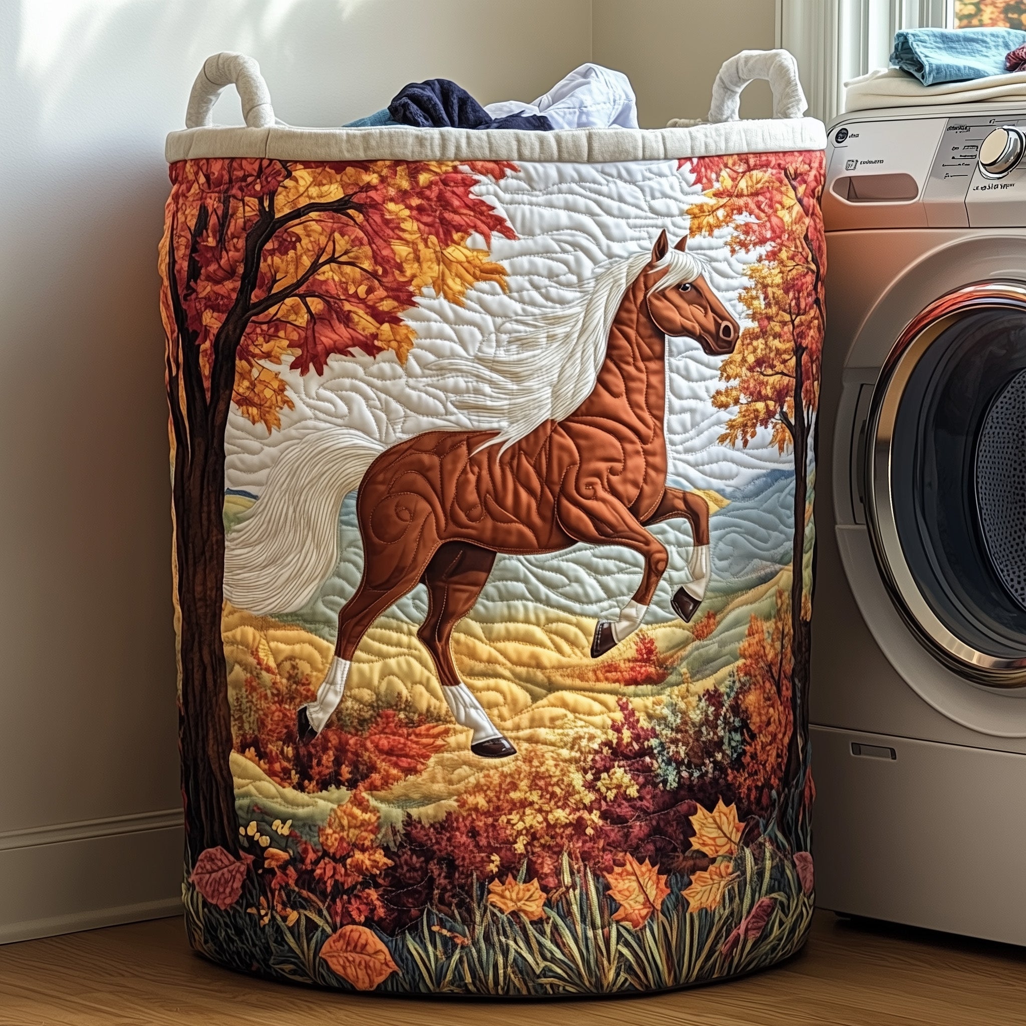 Autumn Horse Gallop Quilted Laundry Basket Cute Laundry Hamper Gifts For Your Sister In Law - Tradiviet