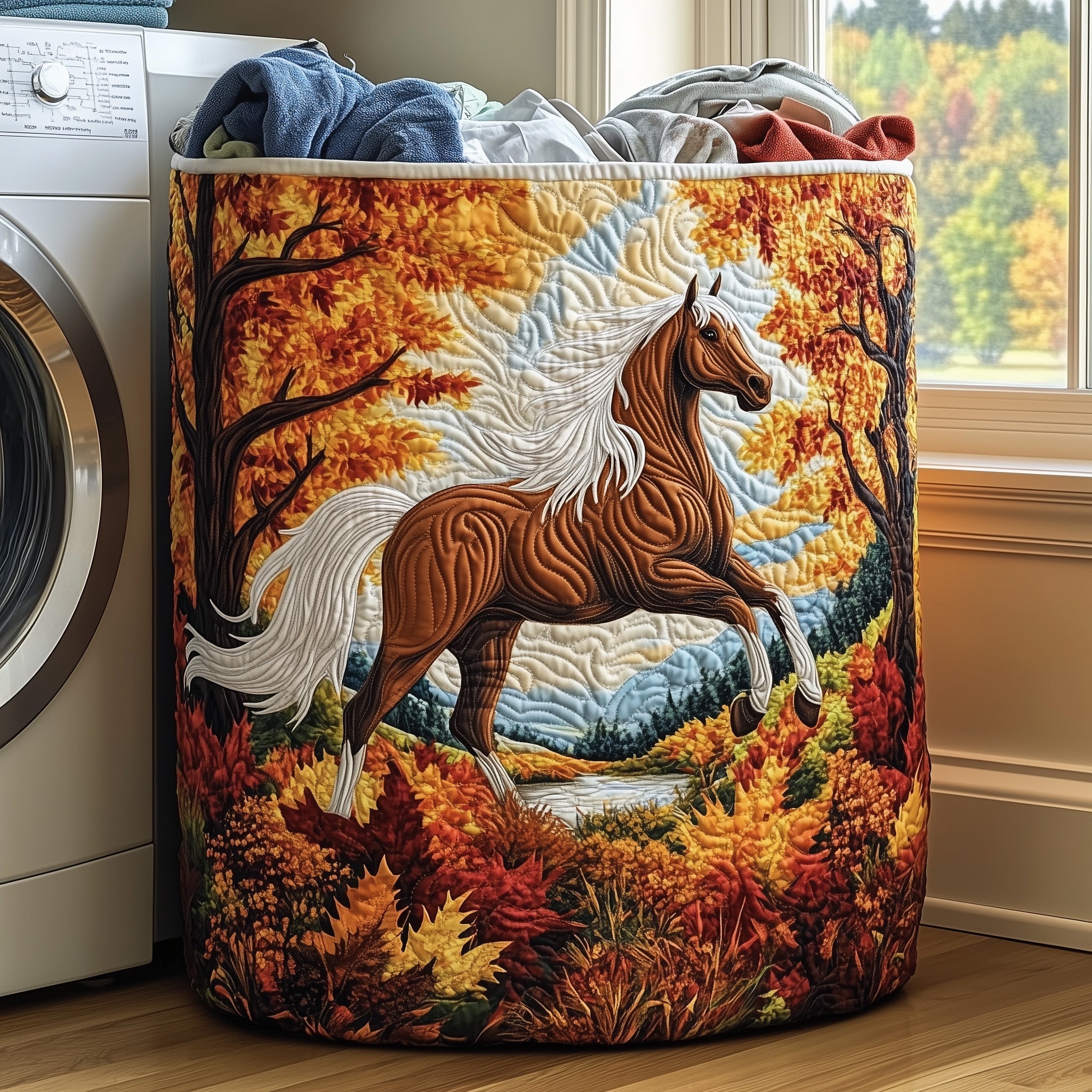 Autumn Horse Gallop Quilted Laundry Basket Nice Storage Baskets Great Mother's Day Gifts - Tradiviet