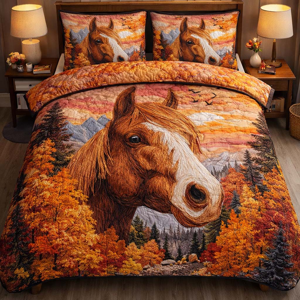 Autumn Mountain Mustang Quilted Bedding Set Mens Bedroom Decor Mountain Gift For Adventurers - Tradiviet