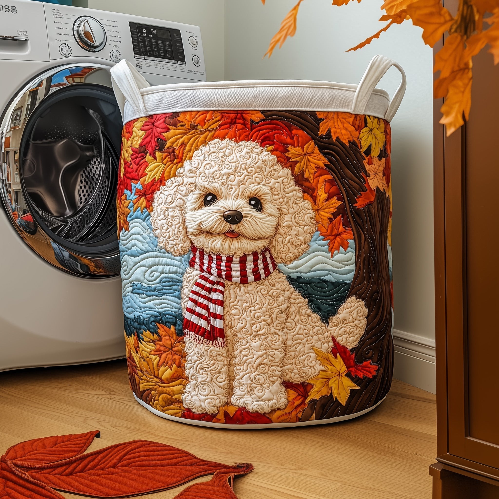 Autumn Poodle Quilted Laundry Basket Washroom Decor Basket Best Gifts For Mom - Tradiviet