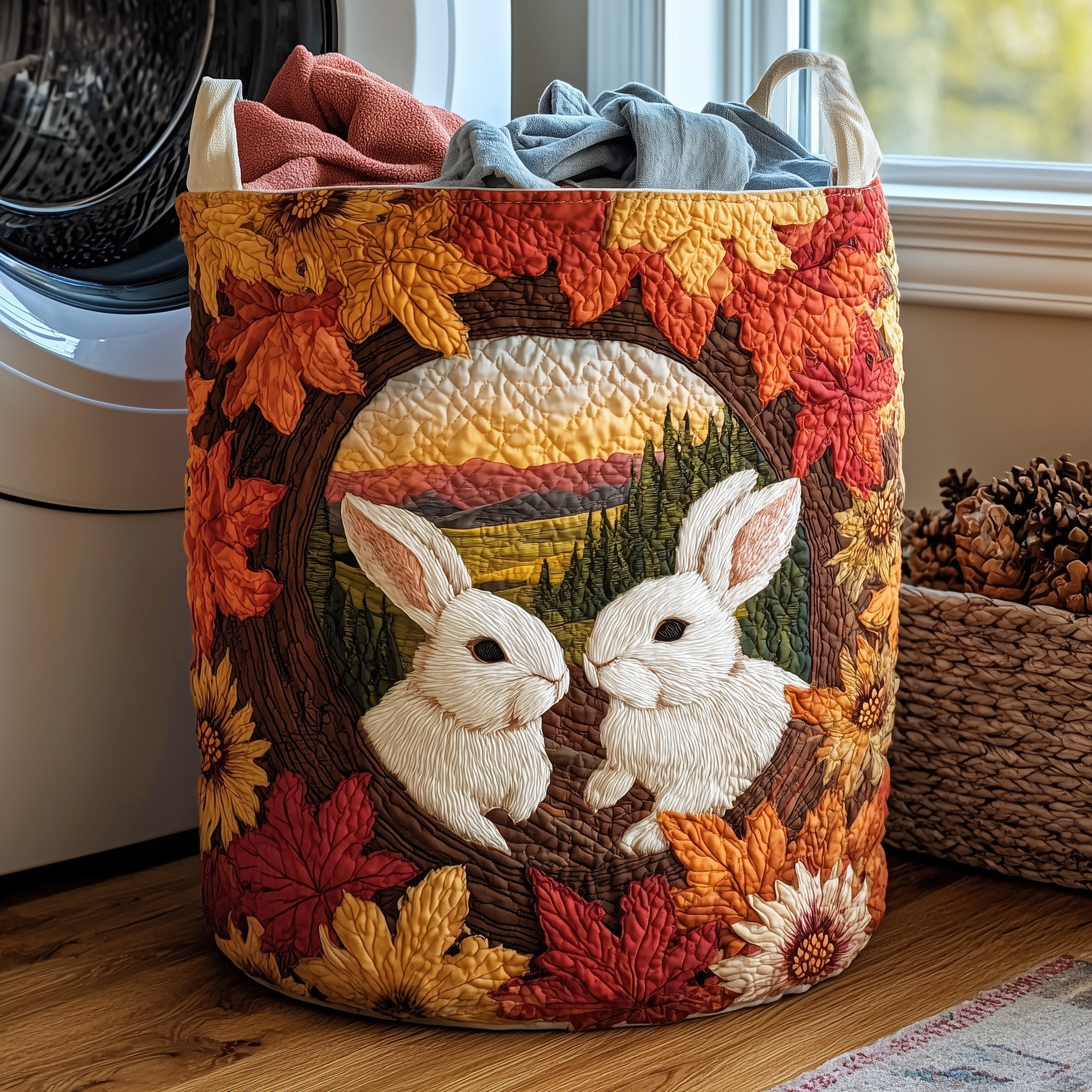 Autumn Rabbit Love Quilted Laundry Basket Washroom Decor Baskets Mothers Day Gift Ideas - Tradiviet