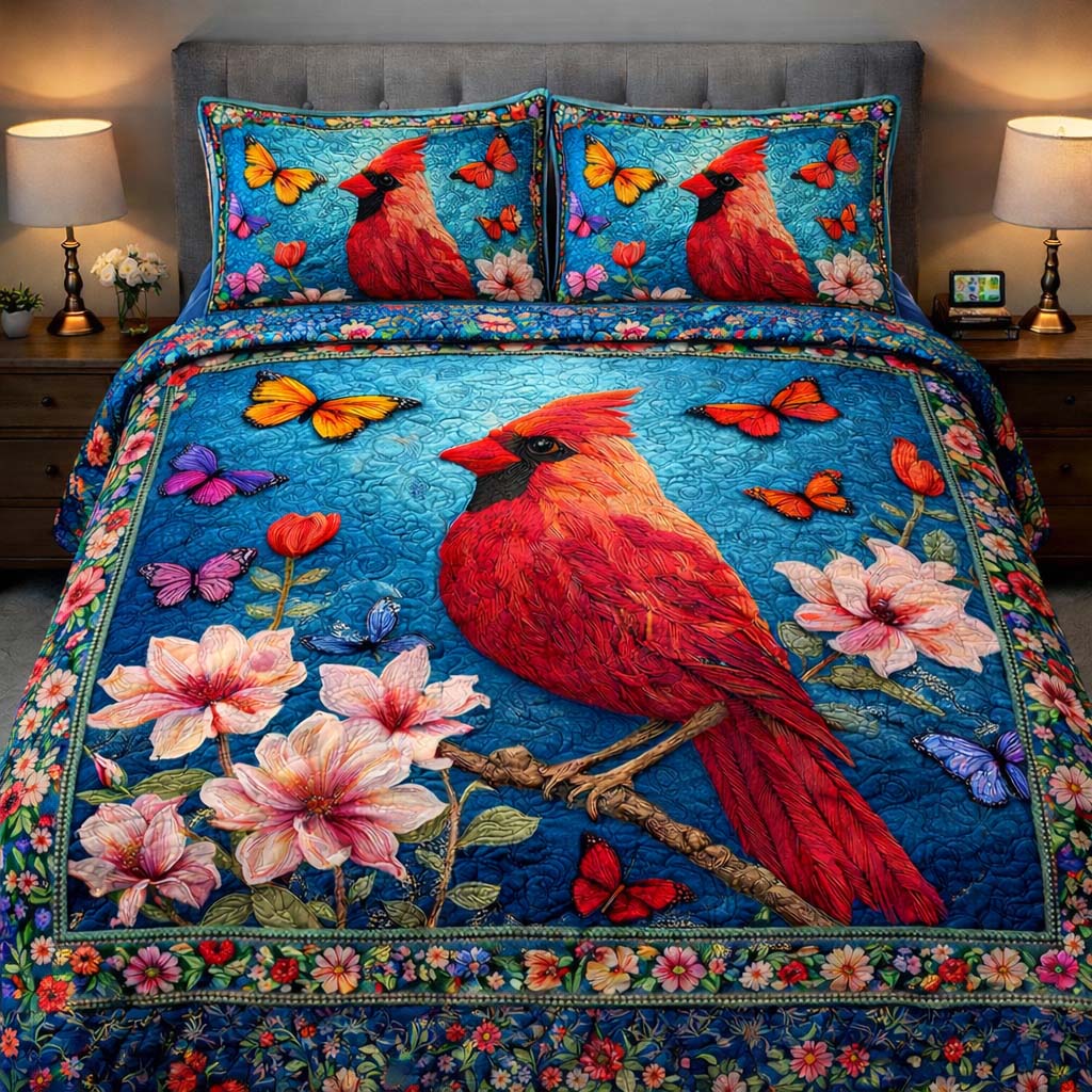 Azure Cardinal Garden Quilted Bedding Set Holiday Decorations Gift For Garden Enthusiasts - Tradiviet
