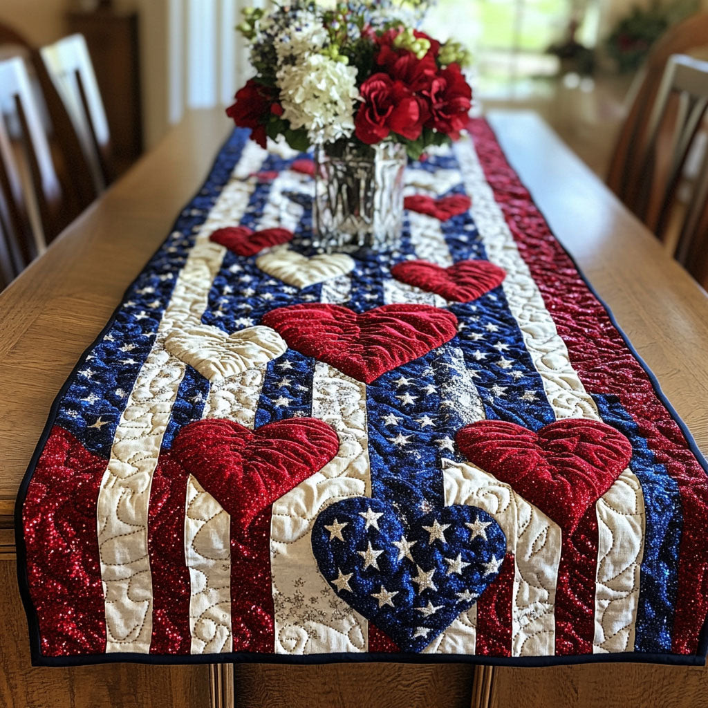 Banner Love Quilted Table Runner  Dining Table Runner Fourth Of July Birthday Gifts