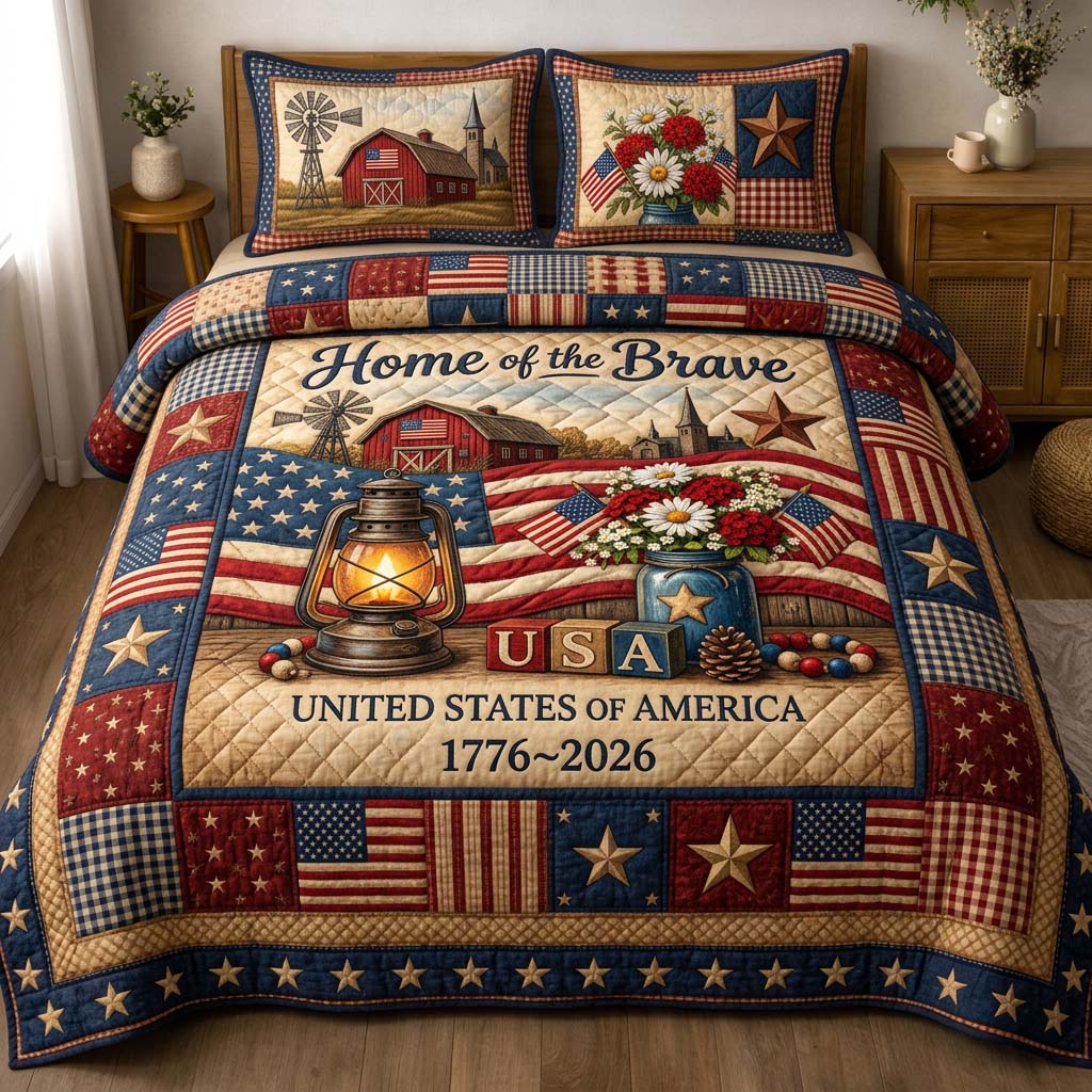 Barn Flowers Lantern American Flag Quilted Bedding Set Land Of The Free Bedding Gift For Daughter - Tradiviet