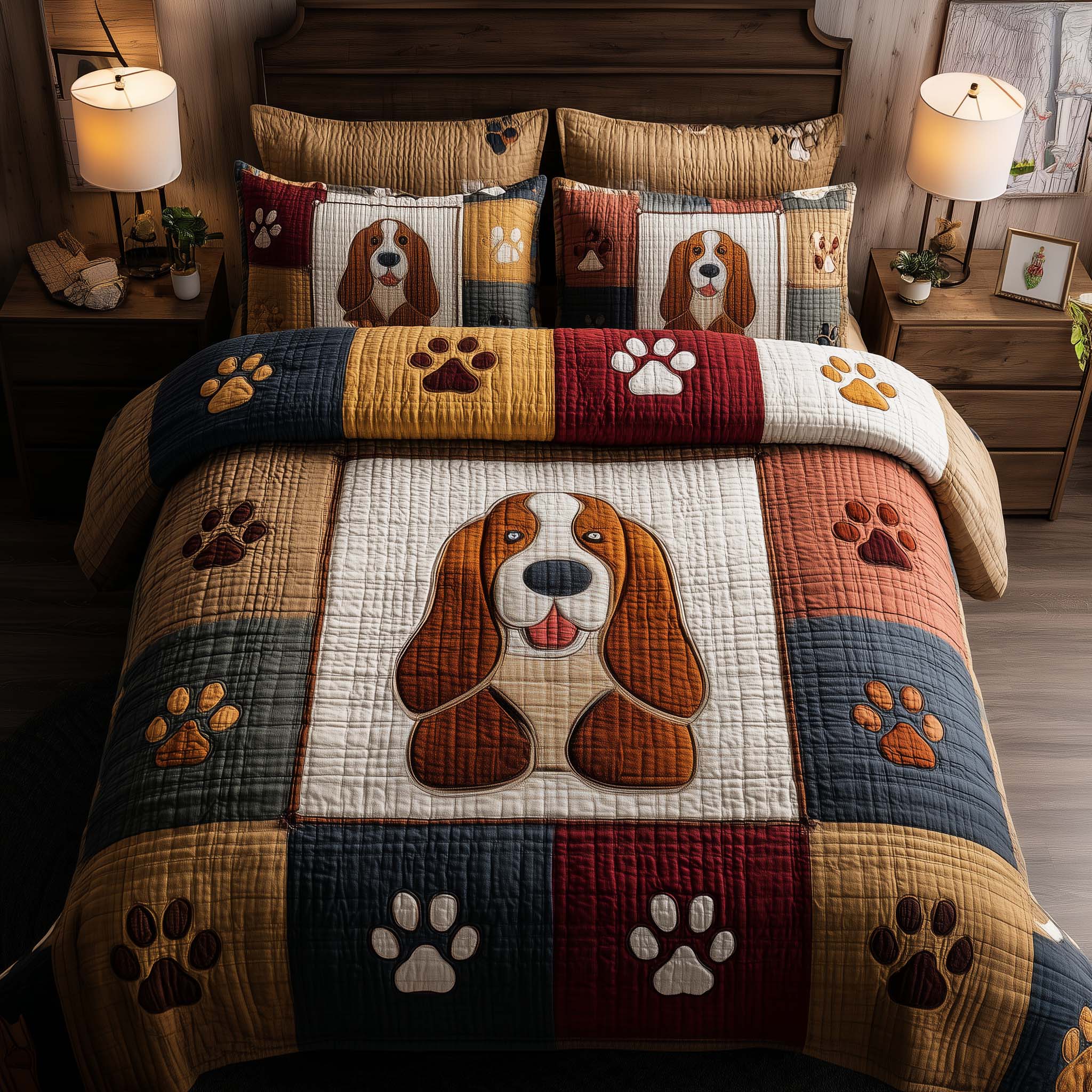 Basset Hound Paws Quilted Bedding Set Holiday Home Decor Ideas Gift For Basset Hound Fans - Tradiviet