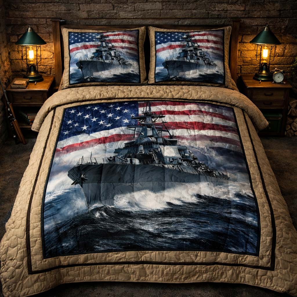 Battleship Flag American Flag Quilted Bedding Set Patriotic 250 Rustic Bedding Gift For Nurses - Tradiviet