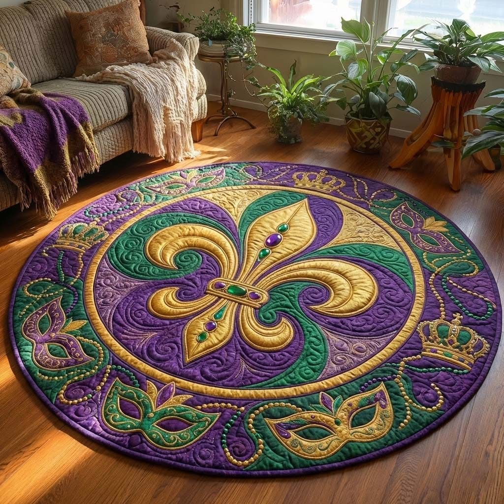 Beads Mardi Gras Quilt Round Mat Purple Round Kitchen Rugs Fat Tuesday Decoration