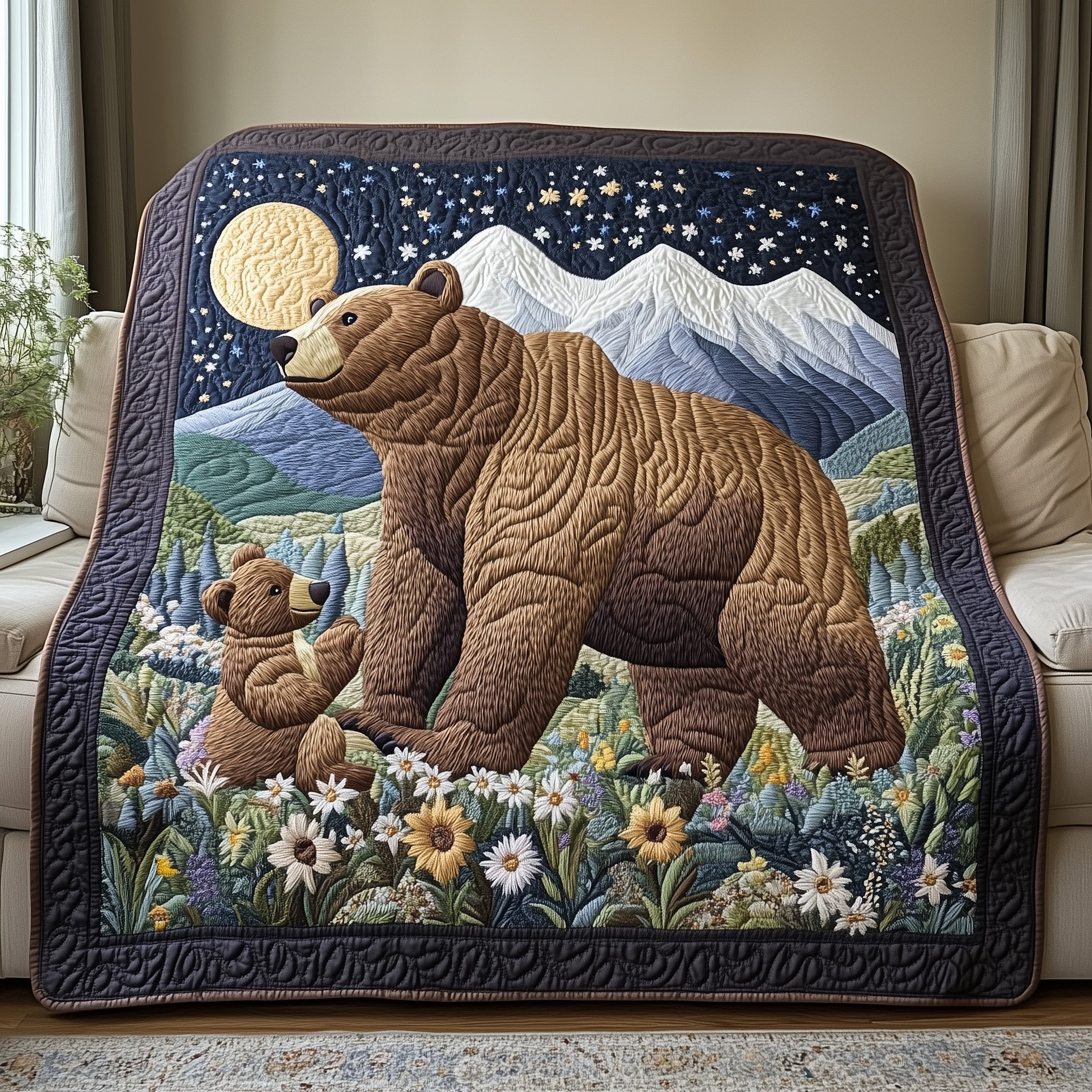 Bear And Cub Quilt Blanket Nature Scene Moonlit Throw Gift For Proud Mom - Tradiviet
