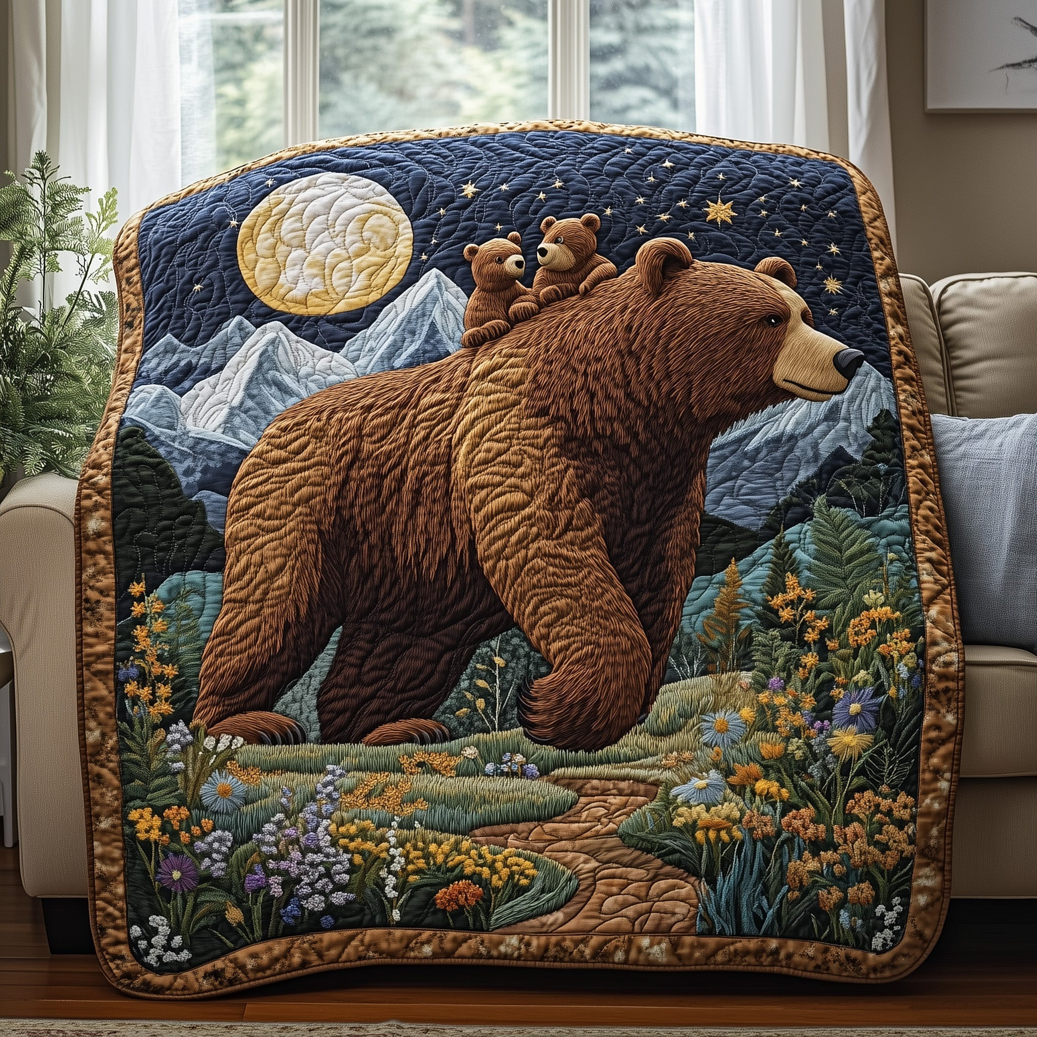 Bear And Cubs Quilt Blanket Night Scene Moon Meadow Quilt Gift Dad - Tradiviet