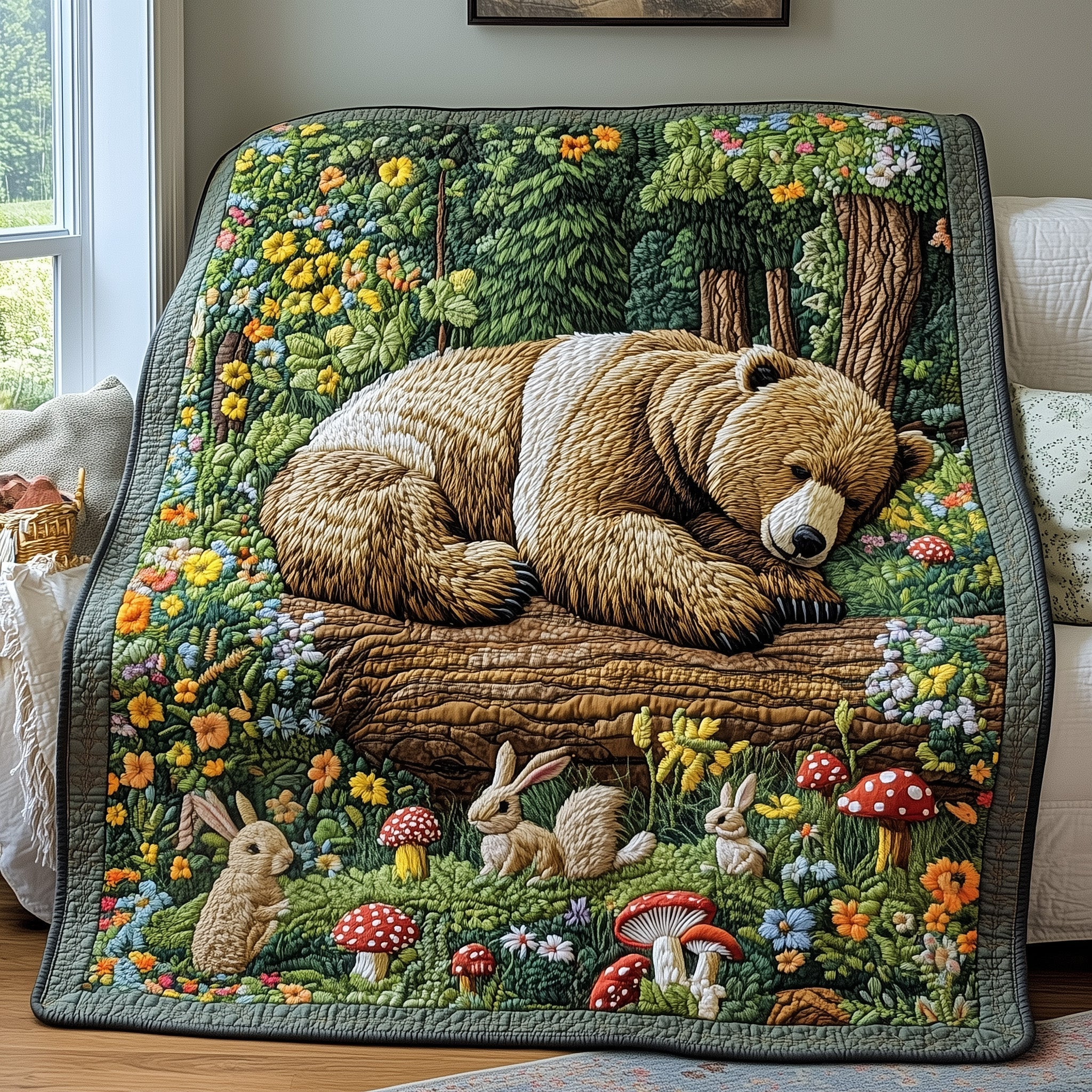 Bear And Rabbits Quilt Blanket Forest Scene Throw Gift For Natural Lover - Tradiviet