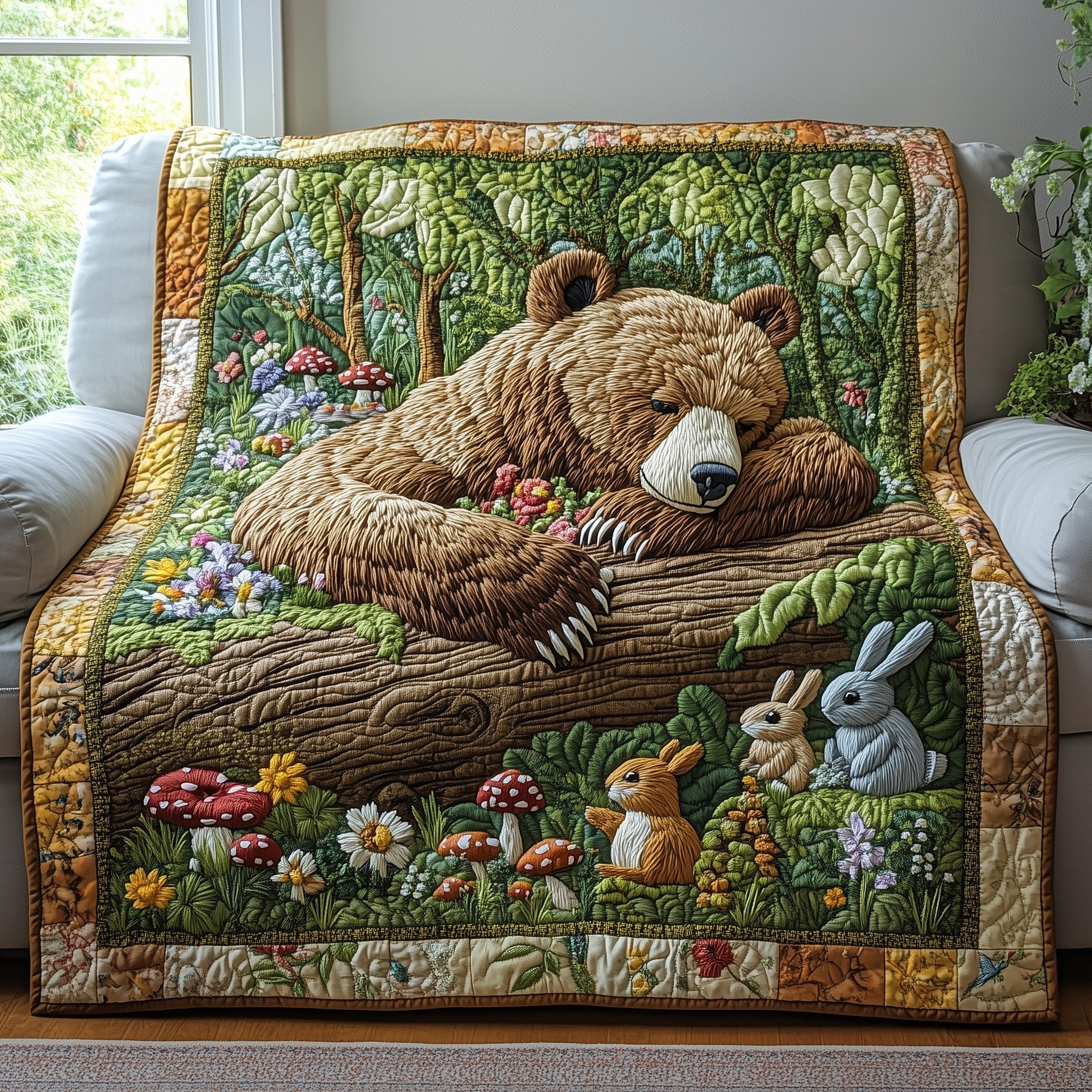Bear Bunnies Forest Quilt Blanket Sleeping Bear Life Blanket Gift For Military Dad - Tradiviet