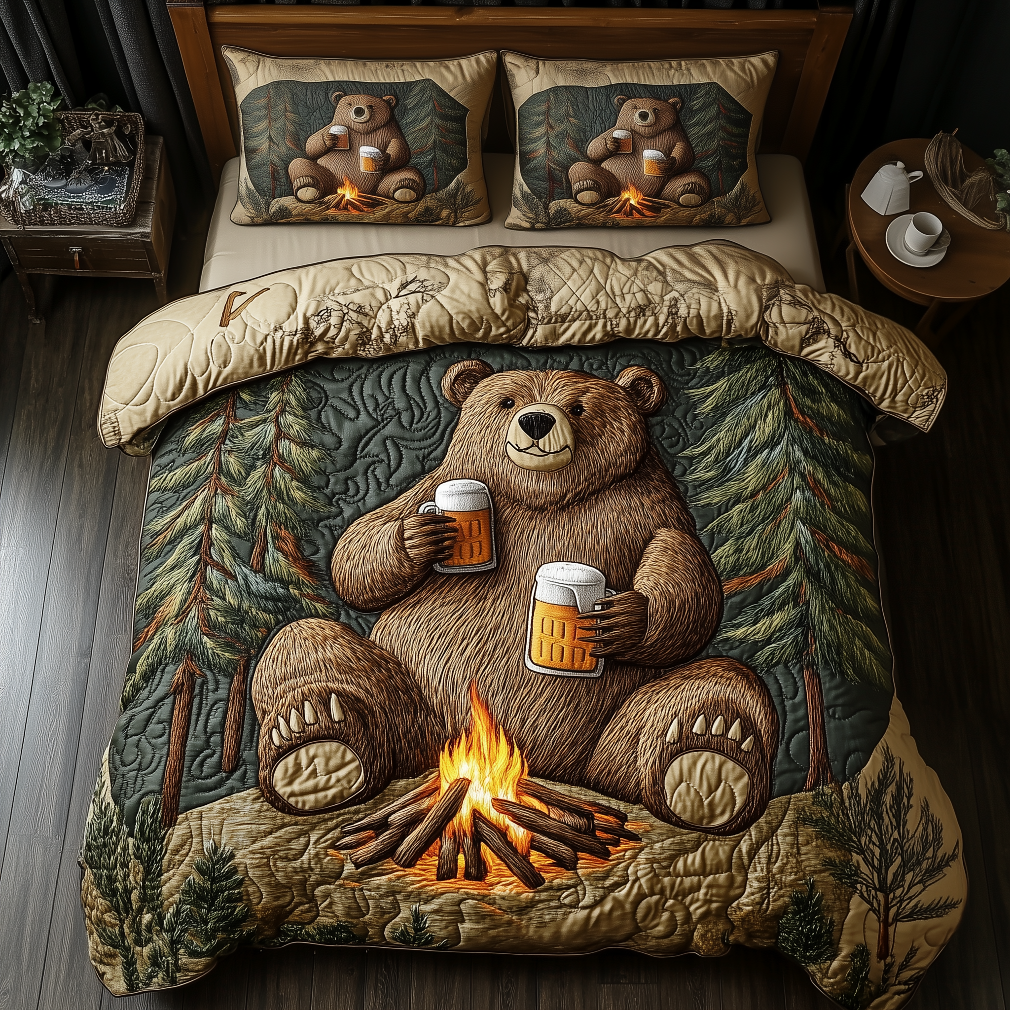Bear Drinks Beer Camping Quilted Bedding Set Room Decoration Items Bear Themed Gifts - Tradiviet