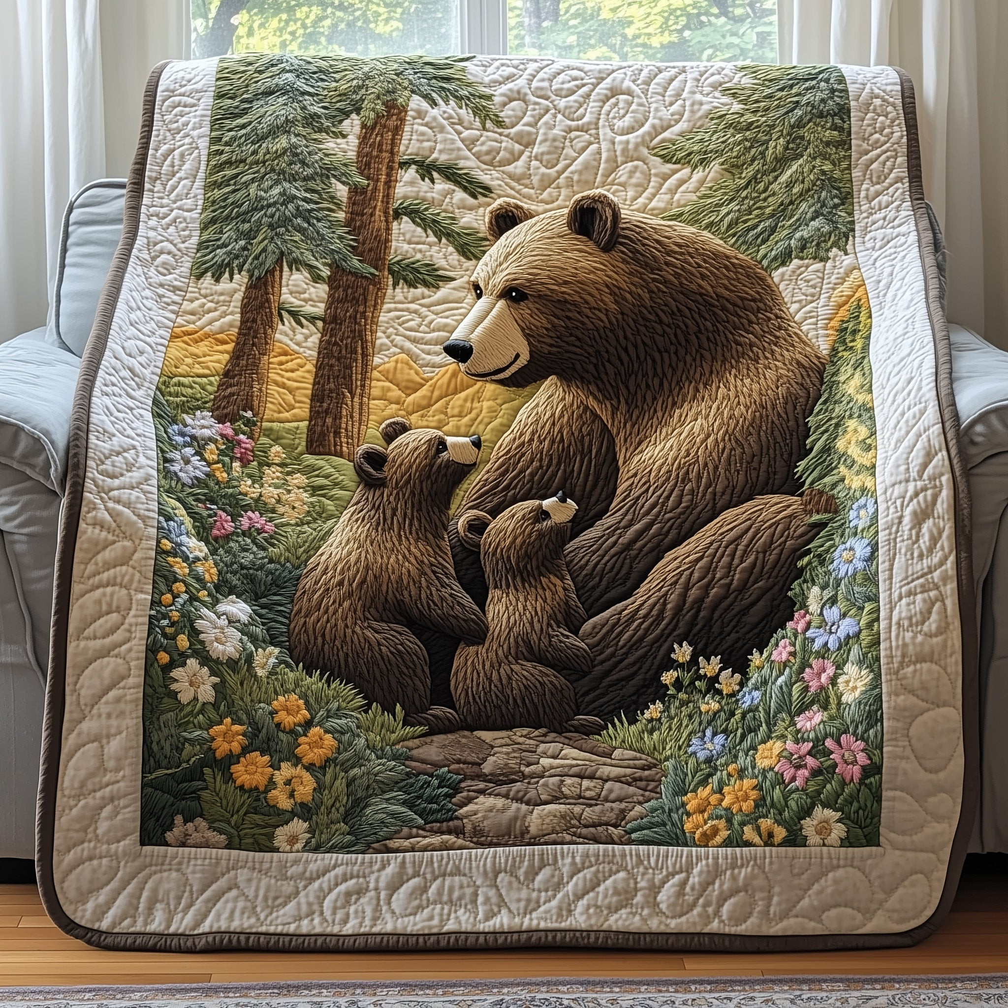 Bear Family In Forest Quilt Blanket Love Nature Blanket Gift For New Home - Tradiviet