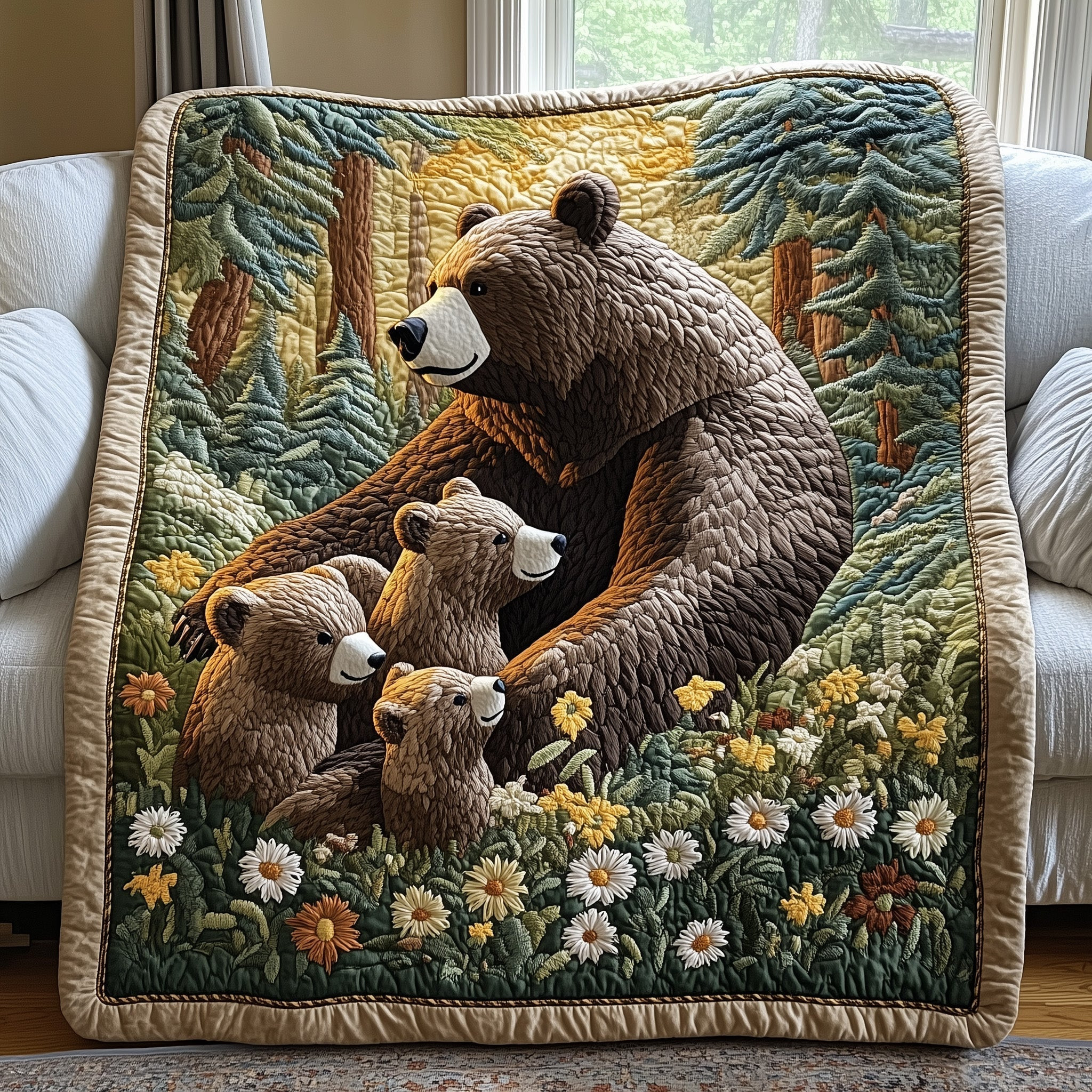 Bear Family In Forest Quilt Blanket Love Nature Meadow Quilt Gift For Wife - Tradiviet