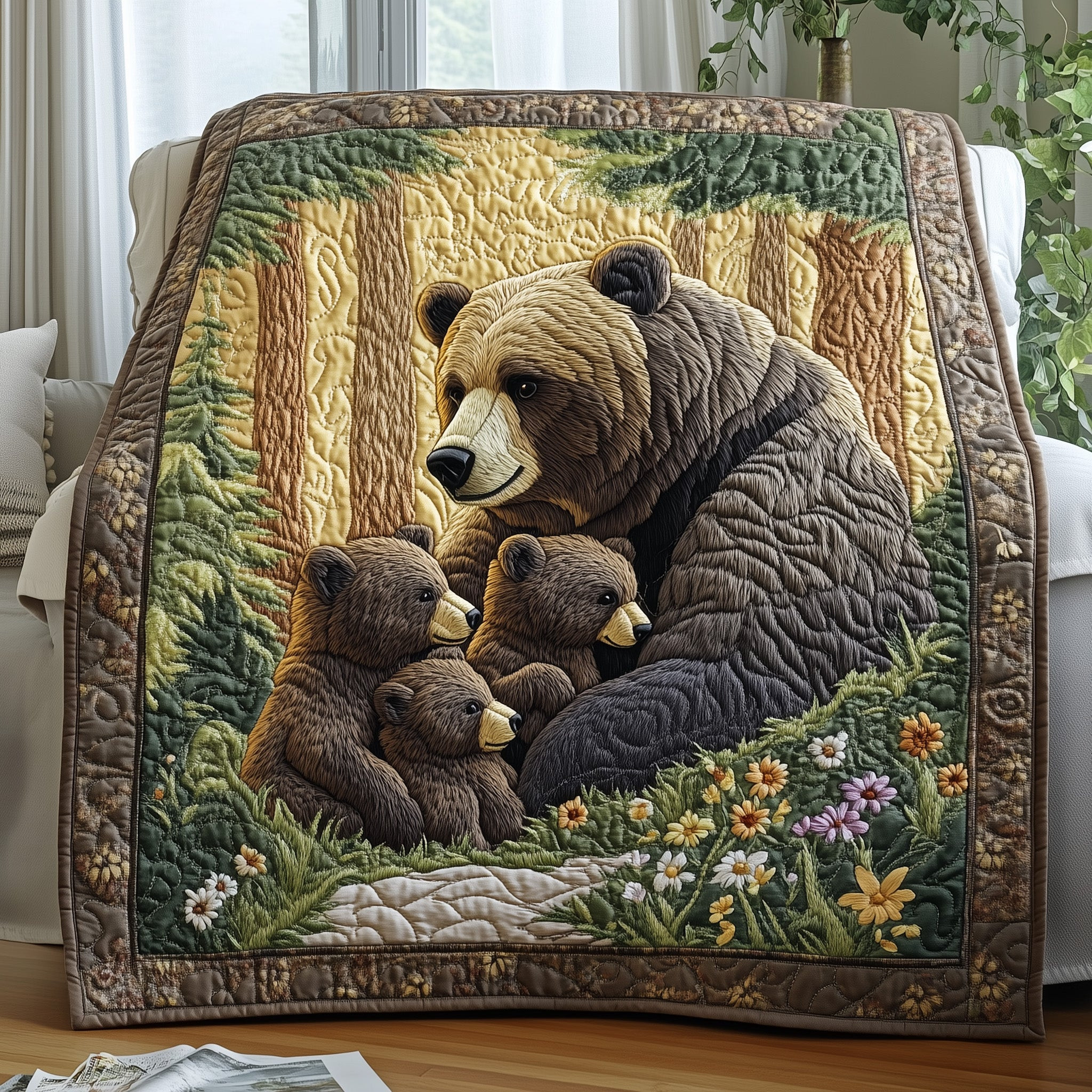 Bear Family In Forest Quilt Blanket Love Nature Throw Gift For Couples - Tradiviet