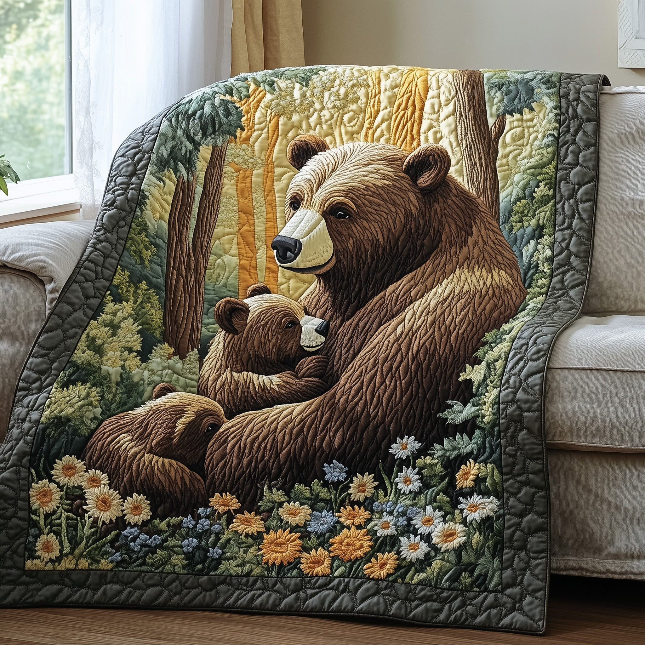 Bear Family In Forest Quilt Blanket Mother And Cubs Hug Blanket Gift For Dear Mom - Tradiviet