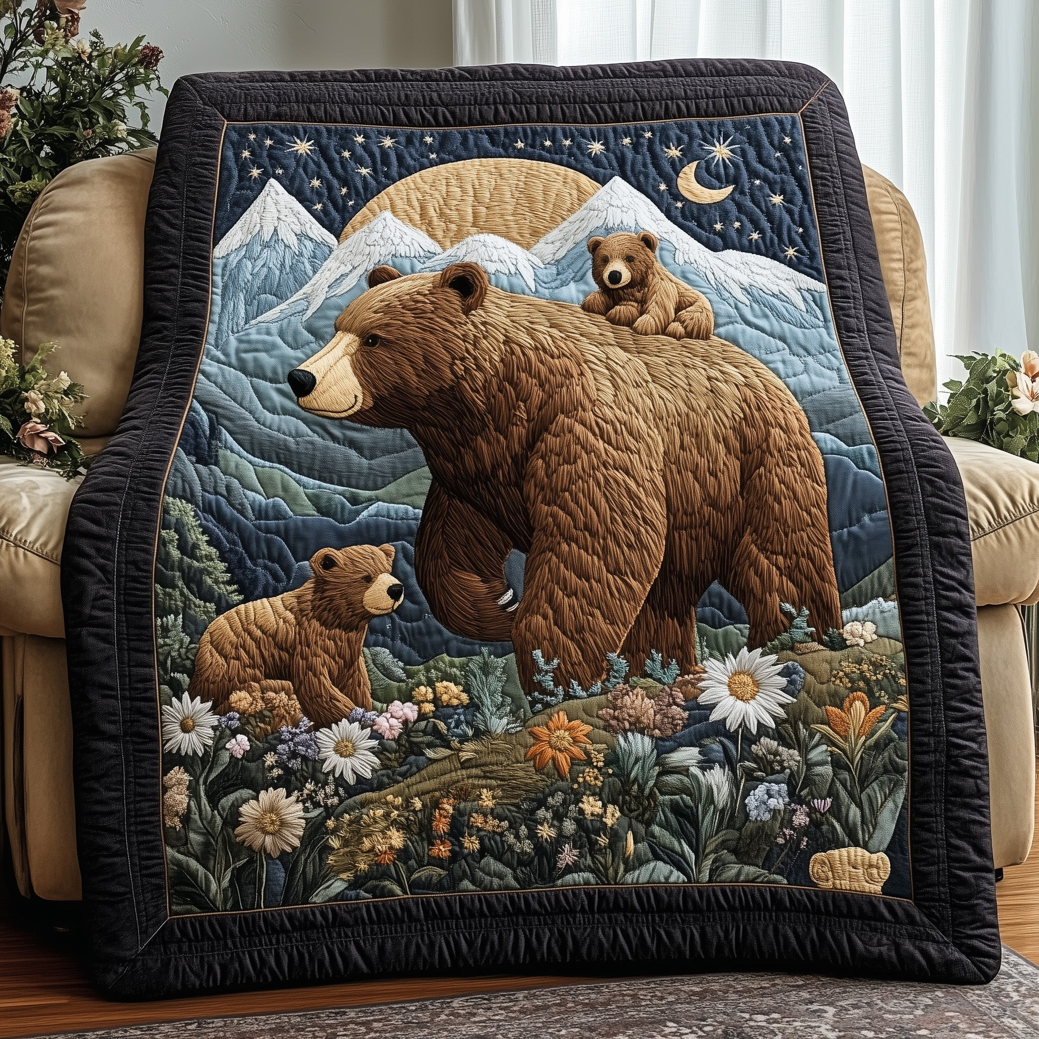 Bear Family Mountains Quilt Blanket Nature Love Meadow Quilt Gift For Patriot - Tradiviet