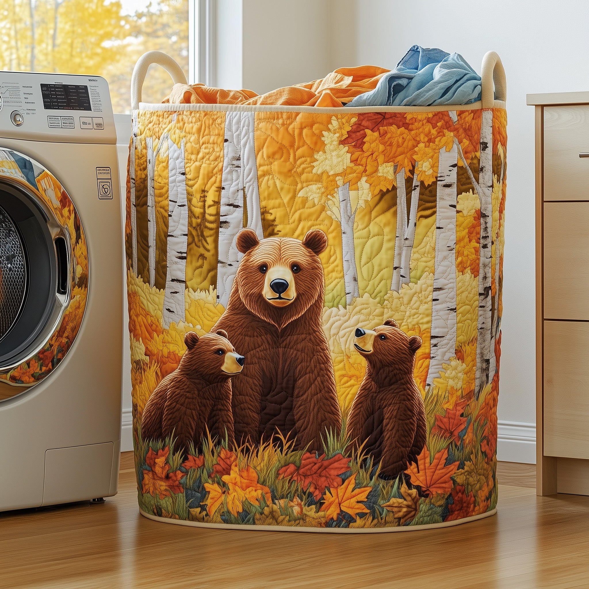 Bear Family Quilted Laundry Basket Cute Room Decor Father's Day Ideas - Tradiviet