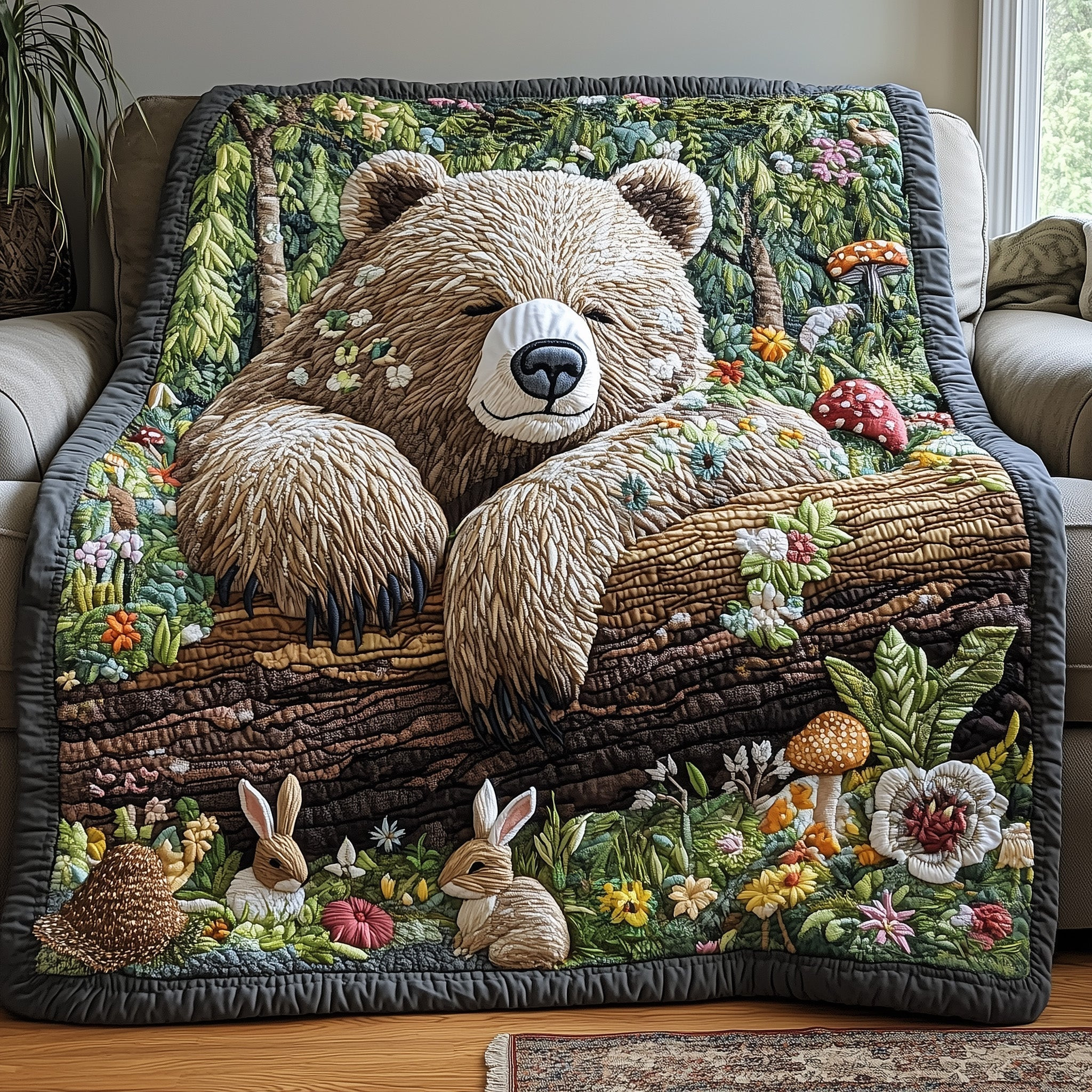 Bear Flowers Forest Quilt Blanket Cozy Scene Blanket Gift For Best Friend - Tradiviet