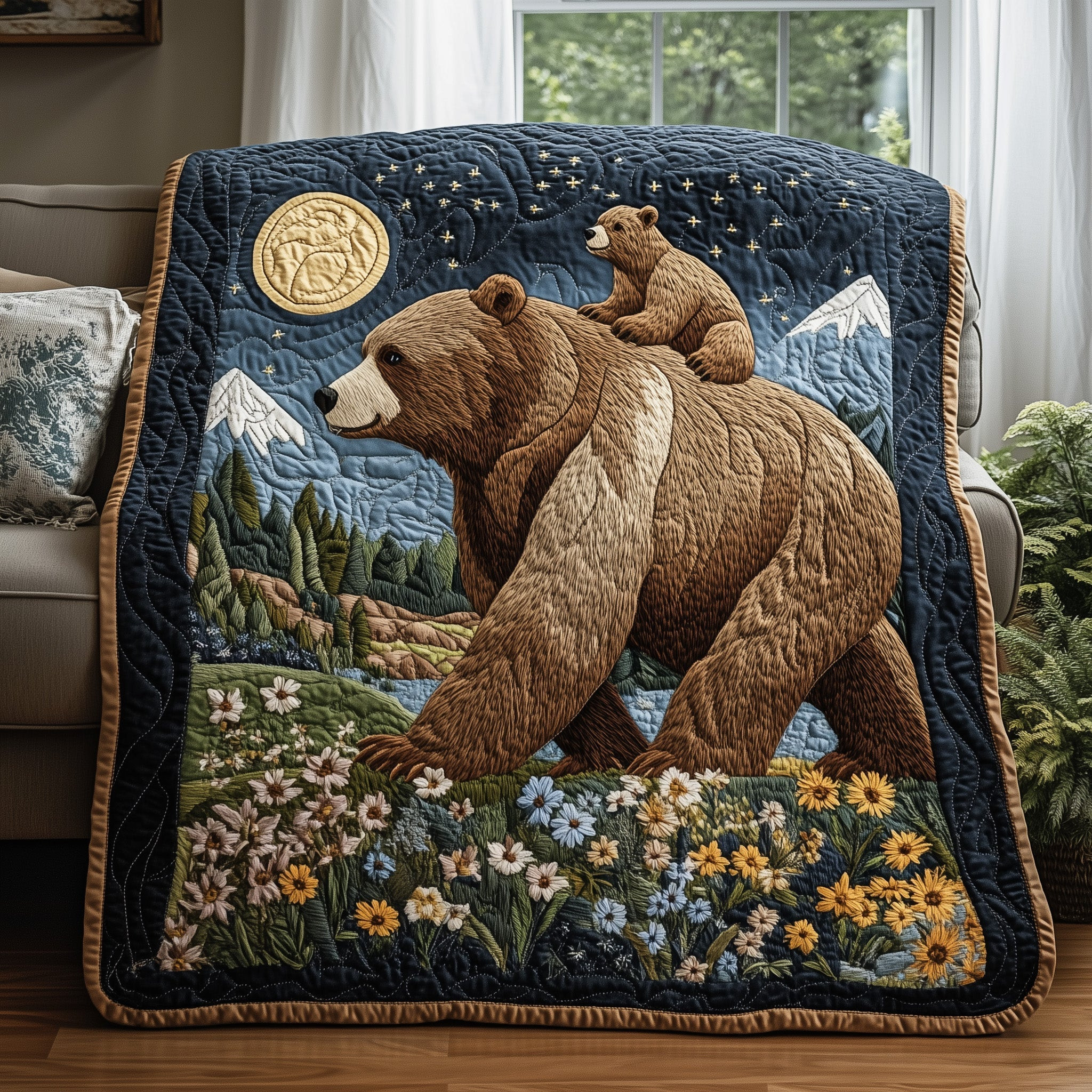 Bear Flowers Moon Quilt Blanket Mother And Cub Throw Gift For Bestie - Tradiviet