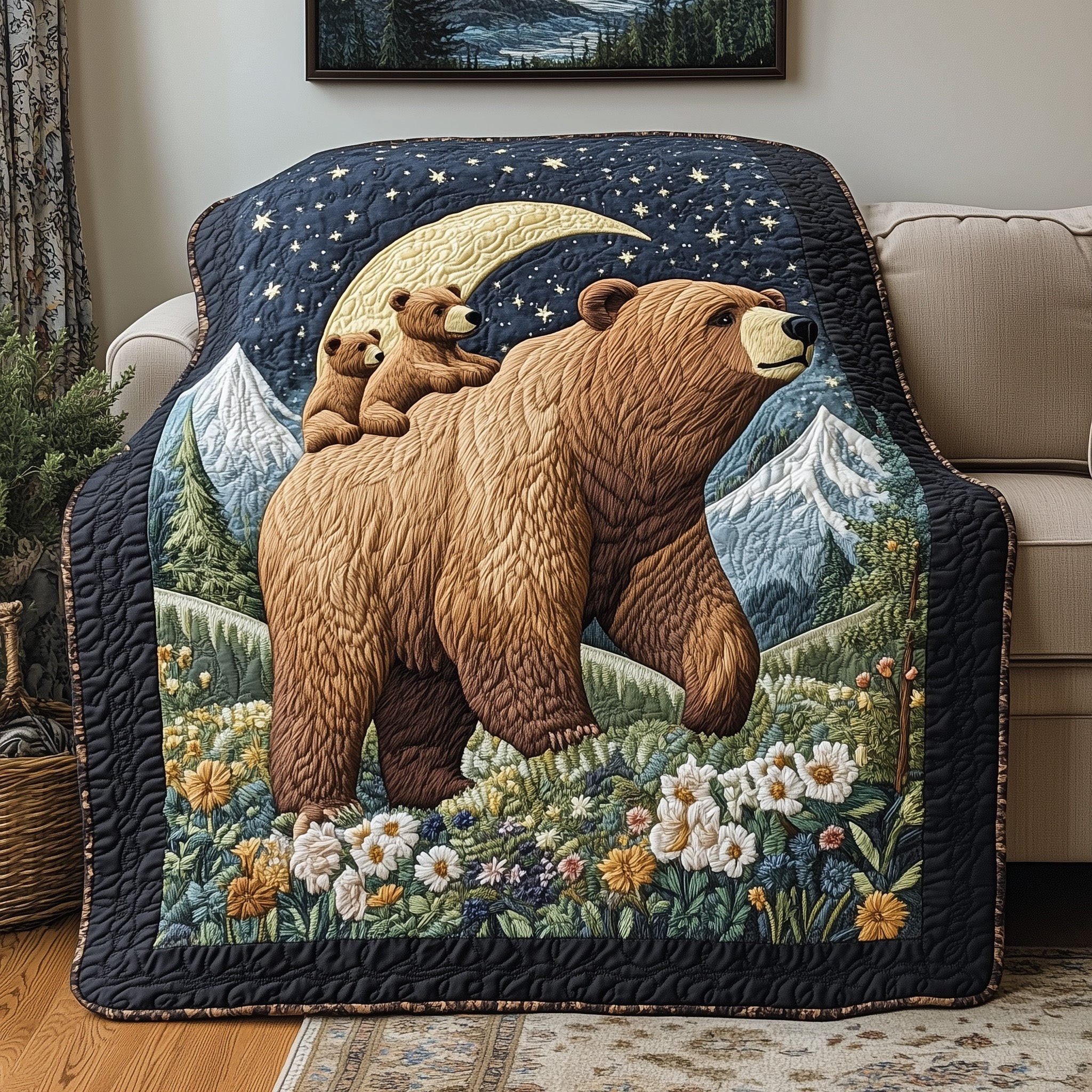 Bear Moon Mountains Quilt Blanket Family In Nature Blanket Gift For New Homeowner - Tradiviet