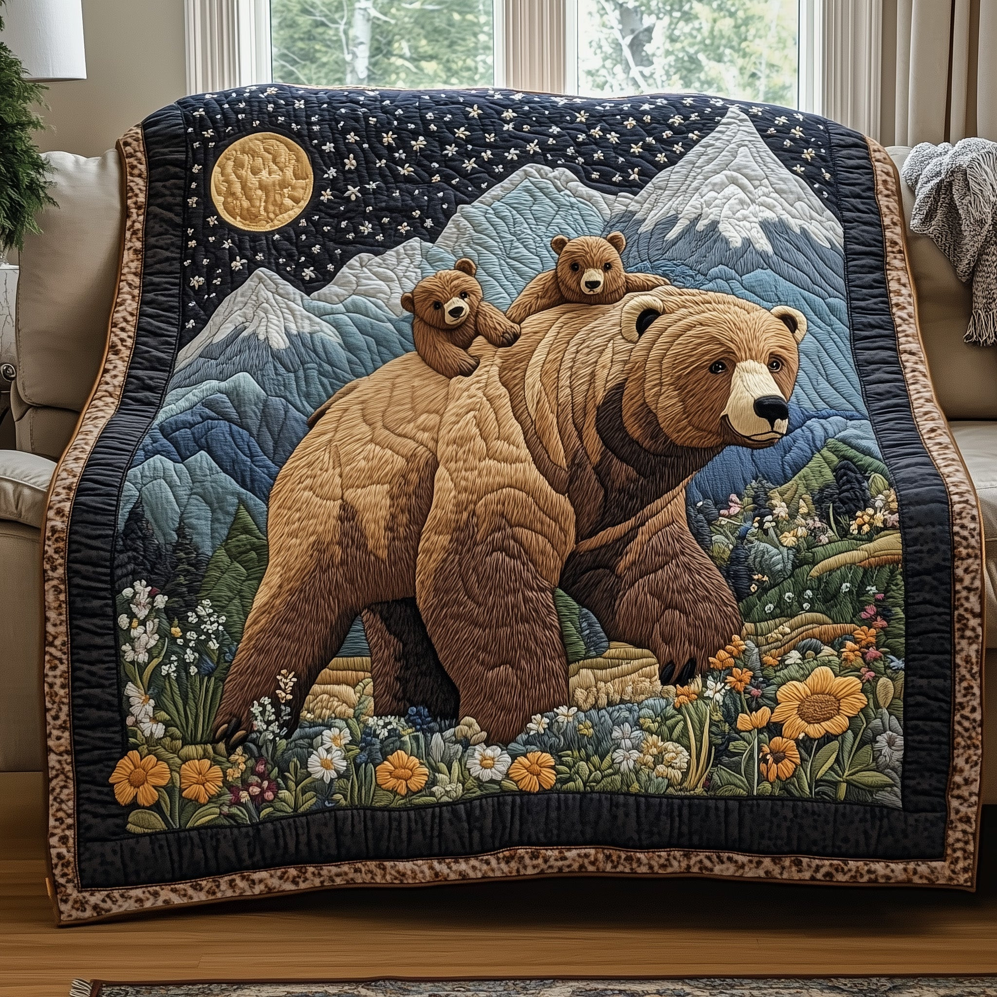 Bear Mountains Flowers Quilt Blanket Family In Nature Meadow Quilt Gift For Bestie - Tradiviet
