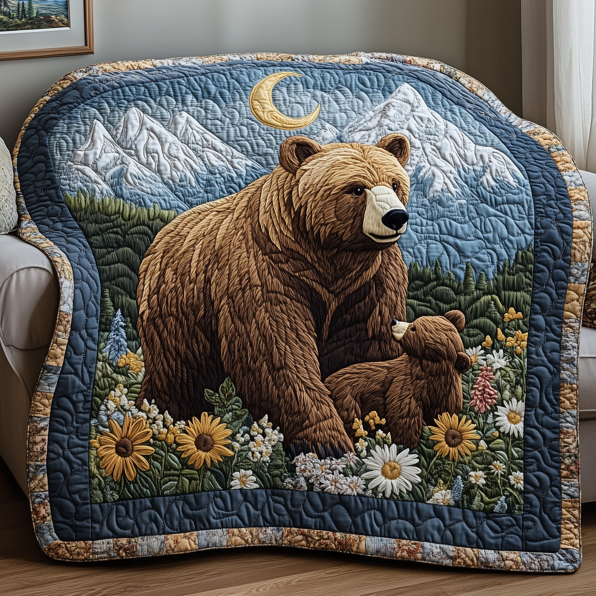 Bear Mountains Flowers Quilt Blanket Mother And Cub Blanket Gift For History Fan - Tradiviet