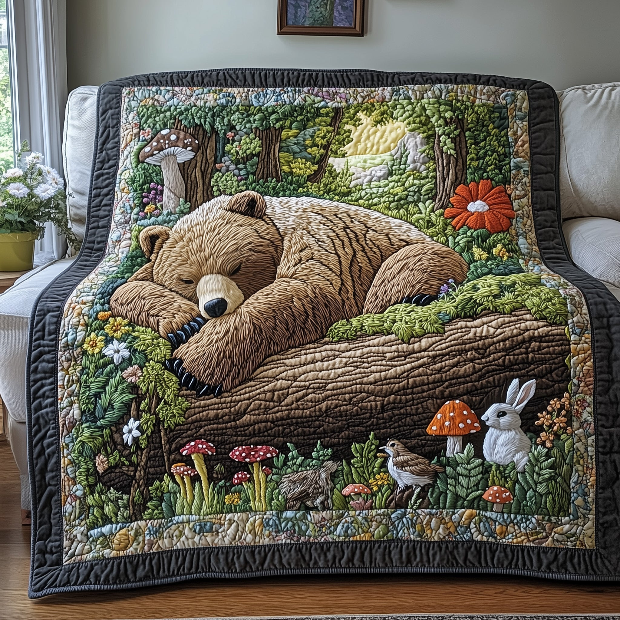 Bear Rabbit Birds Flowers Quilt Blanket Sleeping In Forest Blanket Gift For Dad - Tradiviet