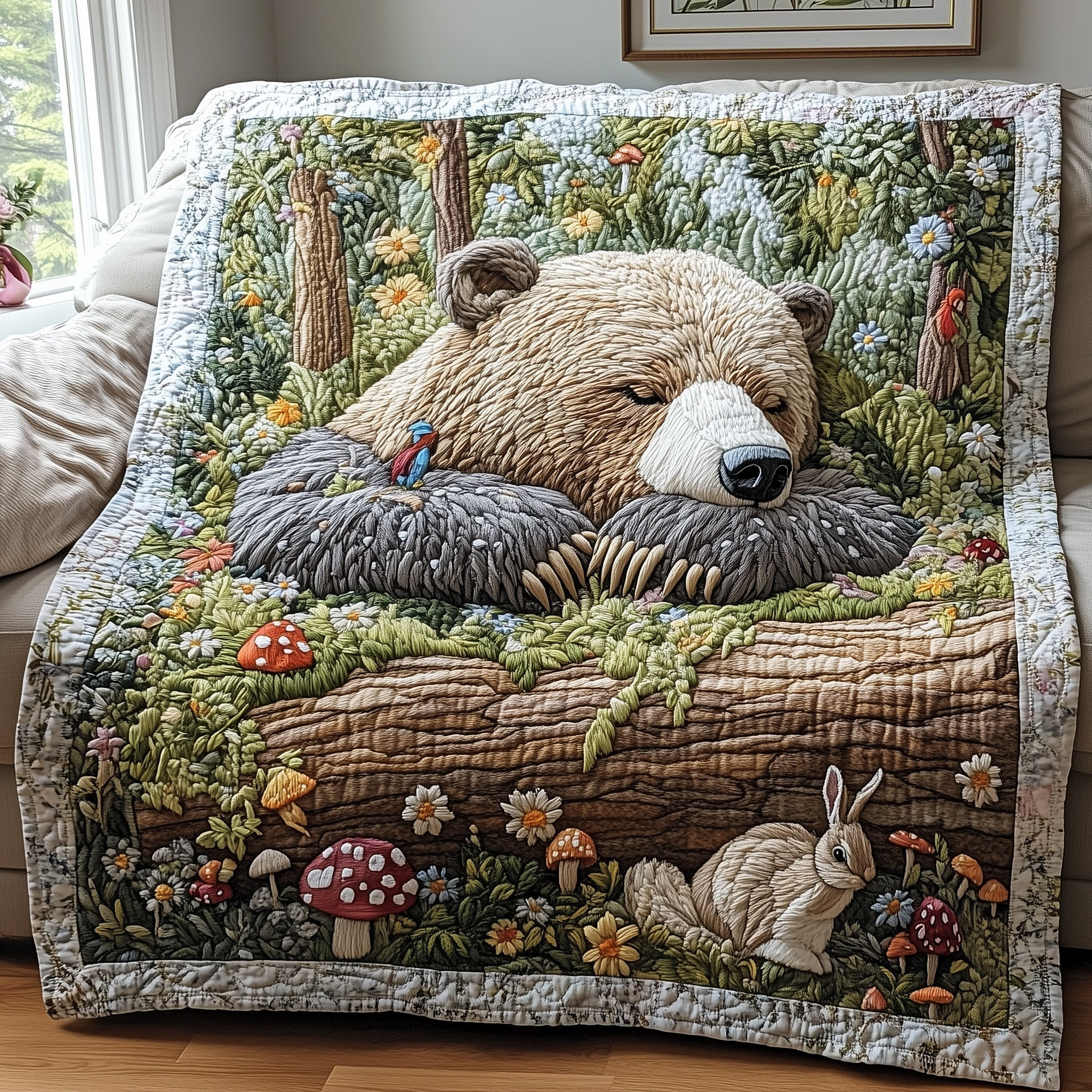 Bear Rabbit Flowers Quilt Blanket Sleeping In Forest Blanket Birthday Gift For Her - Tradiviet