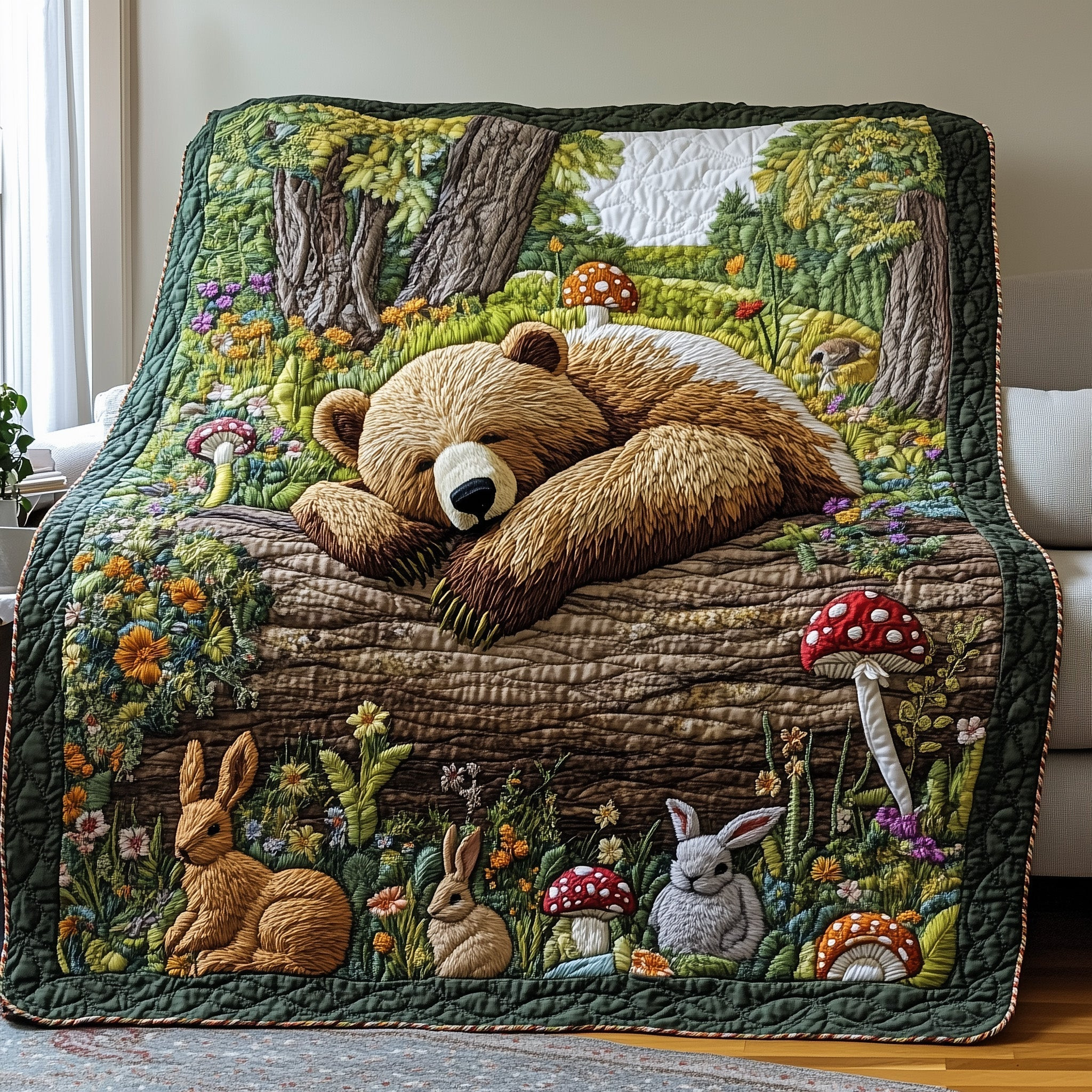 Bear Rabbits Flowers Mushrooms Quilt Blanket Forest Nap Scene Blanket Gift For Women - Tradiviet
