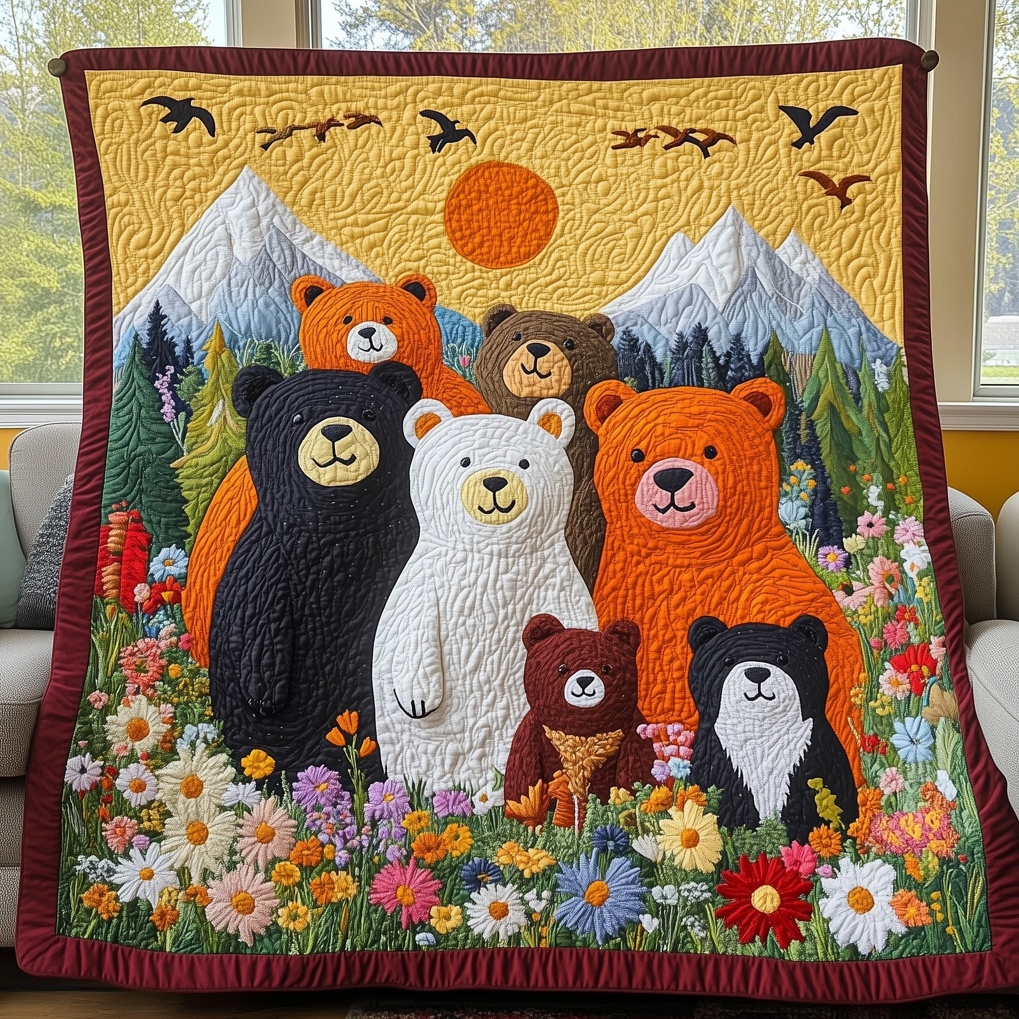 Bears And Flowers Quilt Blanket Family Of In Nature Throw Gift For New Home - Tradiviet