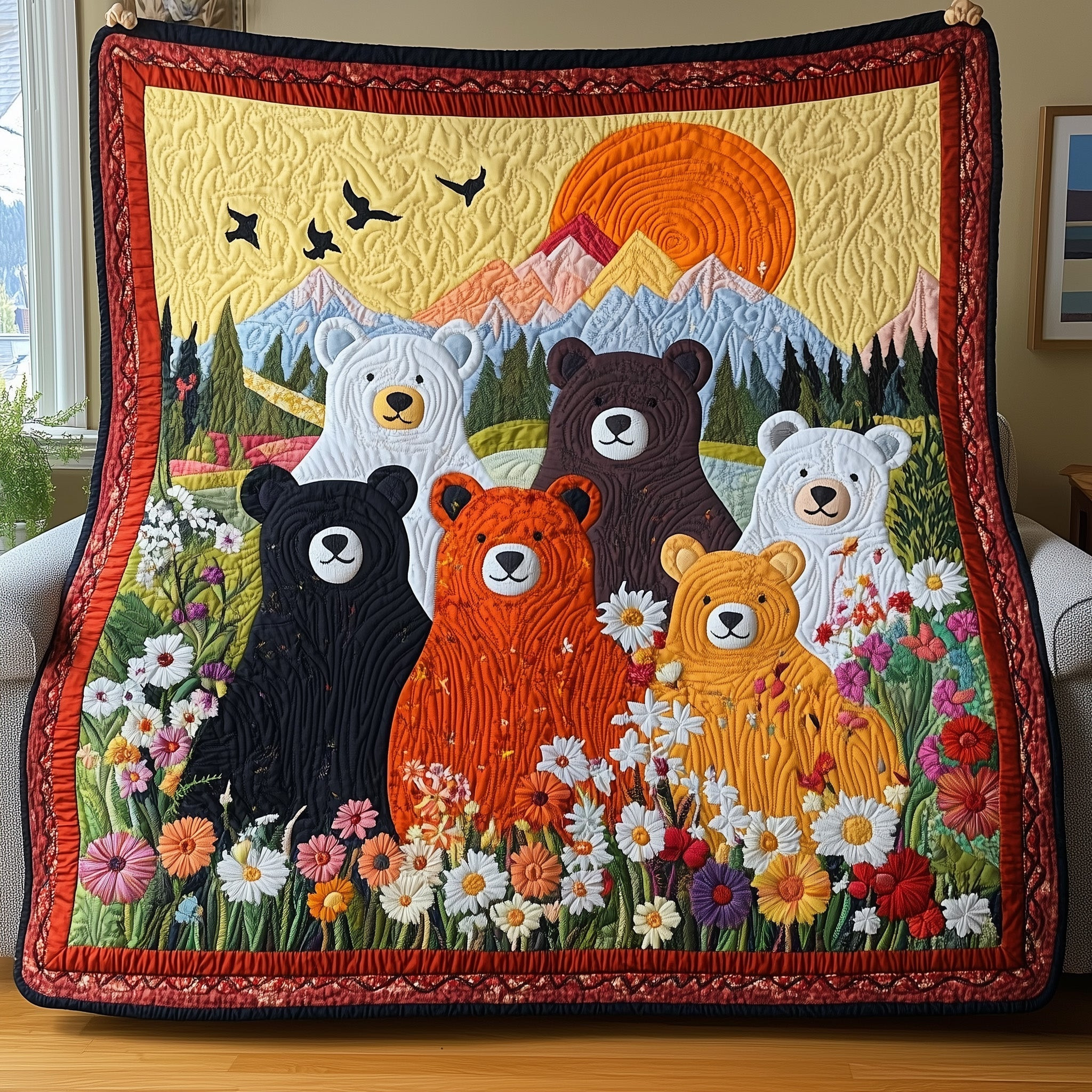Bears Flowers Mountains Quilt Blanket Family Of In Nature Meadow Quilt Gift For Veteran - Tradiviet