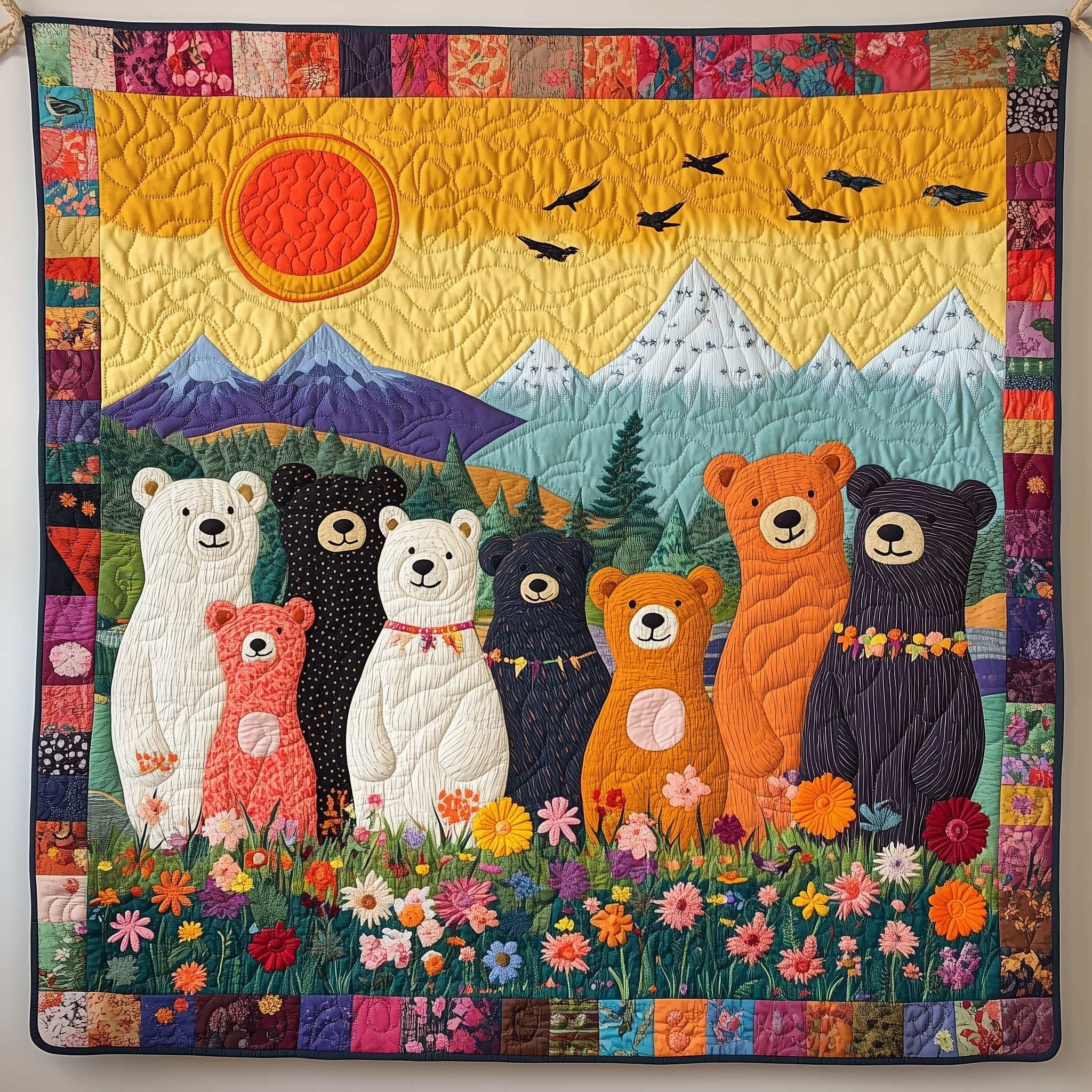 Bears Mountains Flowers Quilt Blanket Family In Nature Blanket Gift For Special Someone - Tradiviet