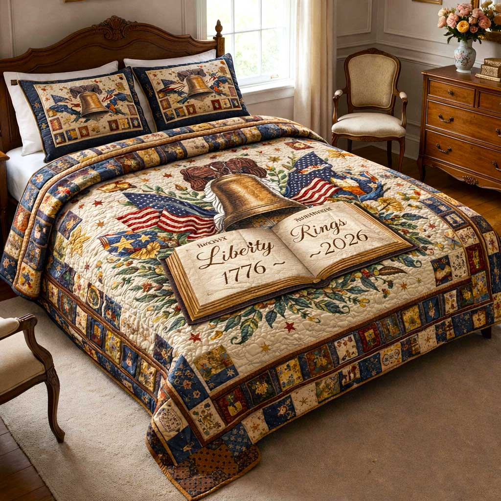 Bell Book Flags USA Flag Quilted Bedding Set 1776 Liberty Rustic Bedding Gift For Favorite Teacher - Tradiviet