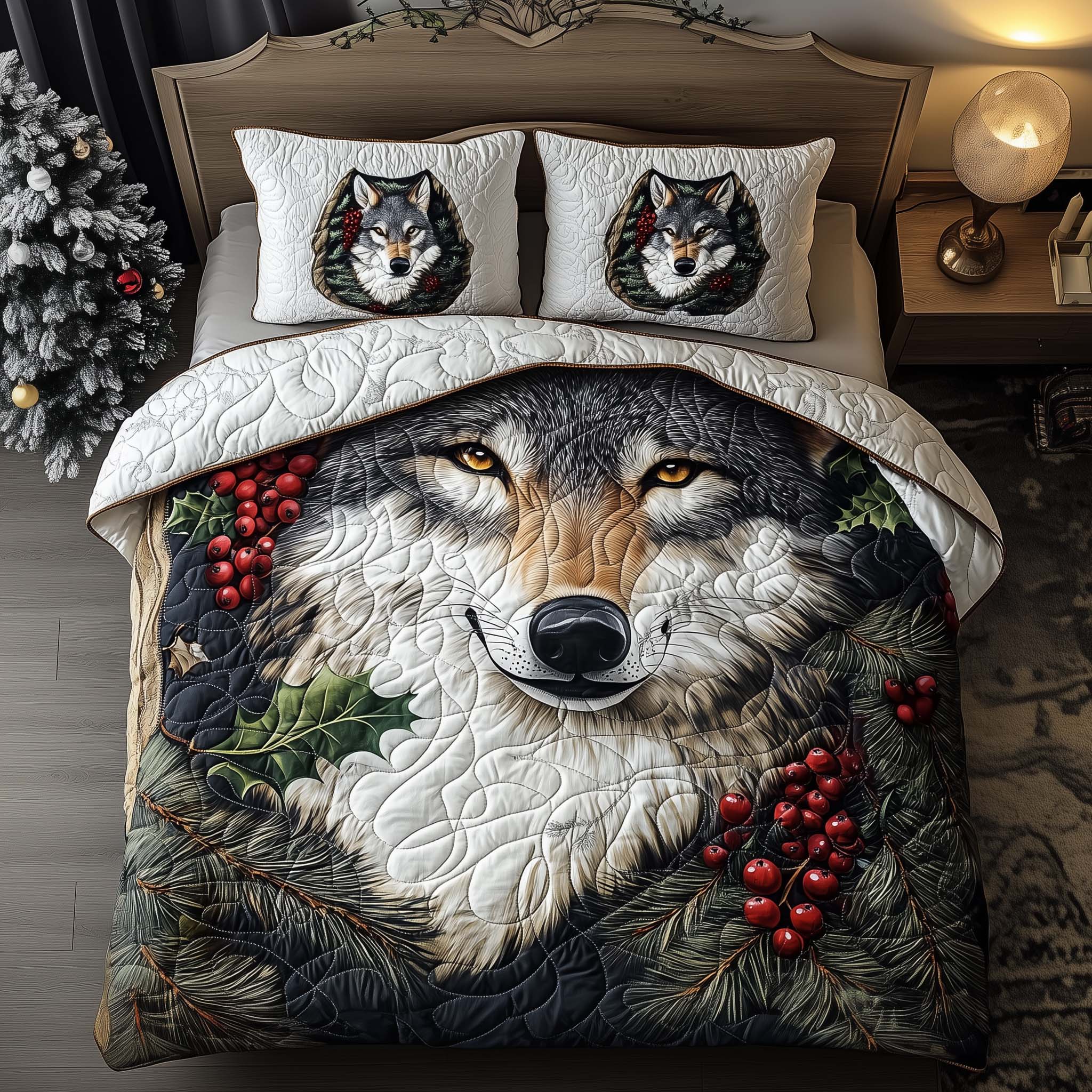 Berry Wolf Quilted Bedding Set Bohemian Bedroom Furniture Wolf Gifts For Him Her - Tradiviet