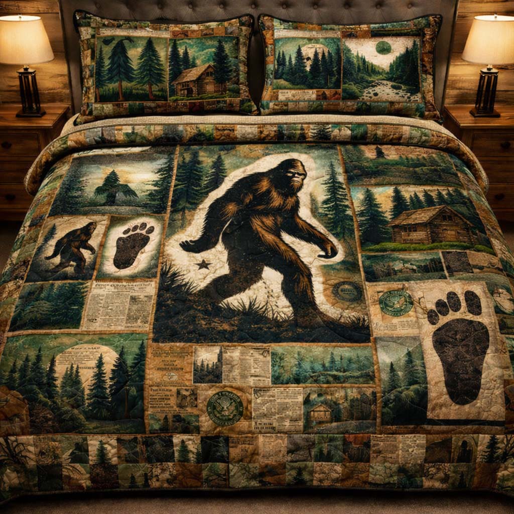 Bigfoot Cabin Chronicle Quilted Bedding Set Bohemian Bedroom Furniture White Cabin Gift For Bedroom - Tradiviet