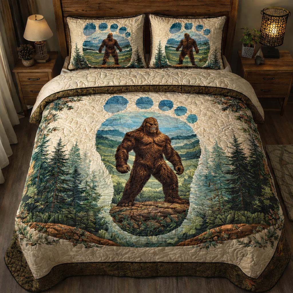 Bigfoot Paw Emblem Quilted Bedding Set Holiday Home Decor Ideas Bigfoot Themed Gifts - Tradiviet