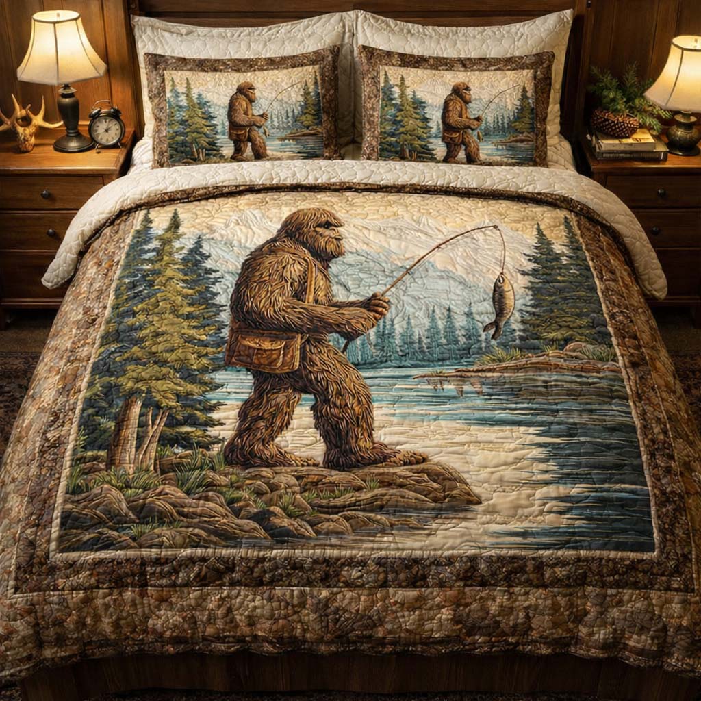Bigfoot River Catch Quilted Bedding Set Holiday Bedroom Decor Cat Christmas Gifts - Tradiviet
