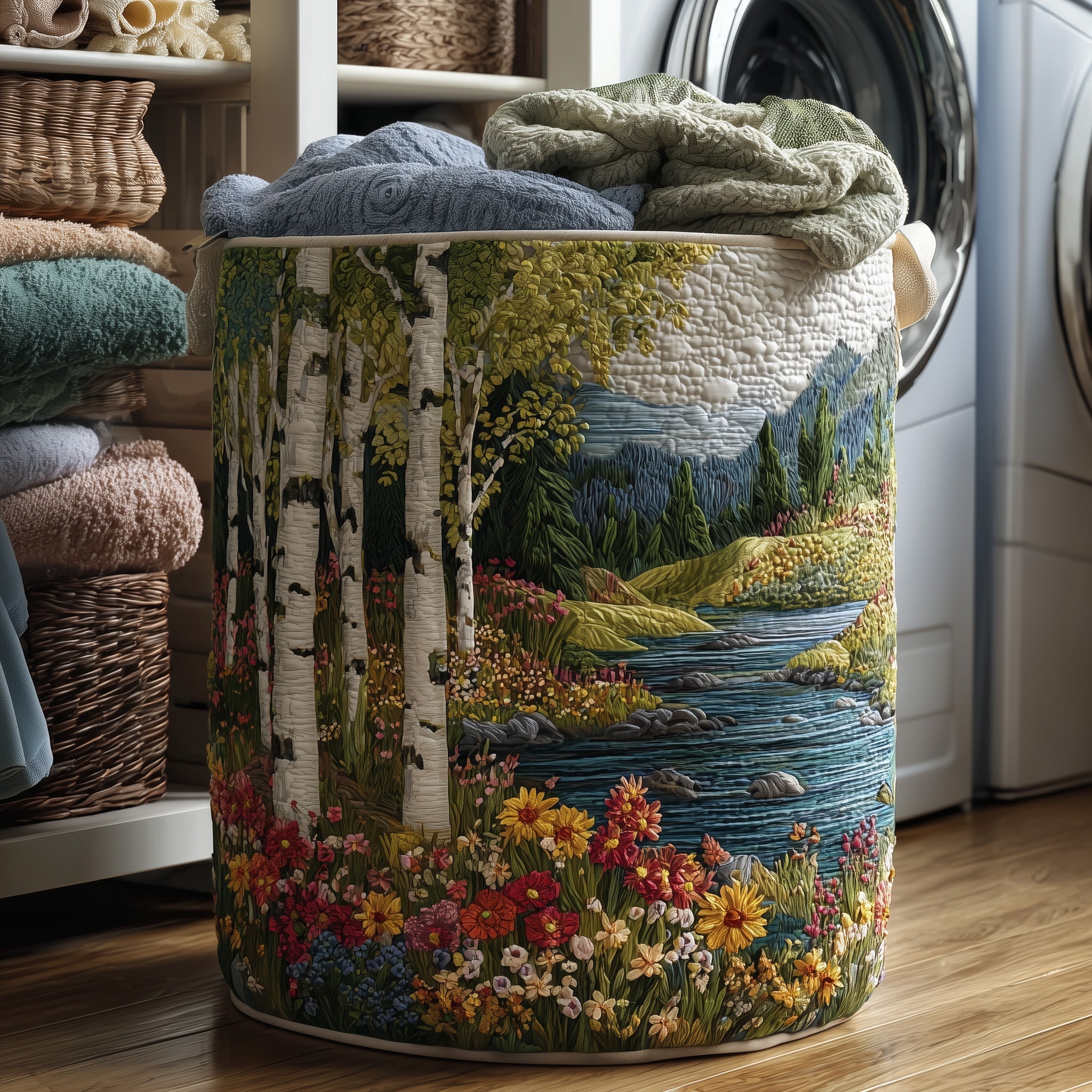 Birch Forest Quilted Laundry Basket Washroom Decor Basket Gift For Grandma - Tradiviet